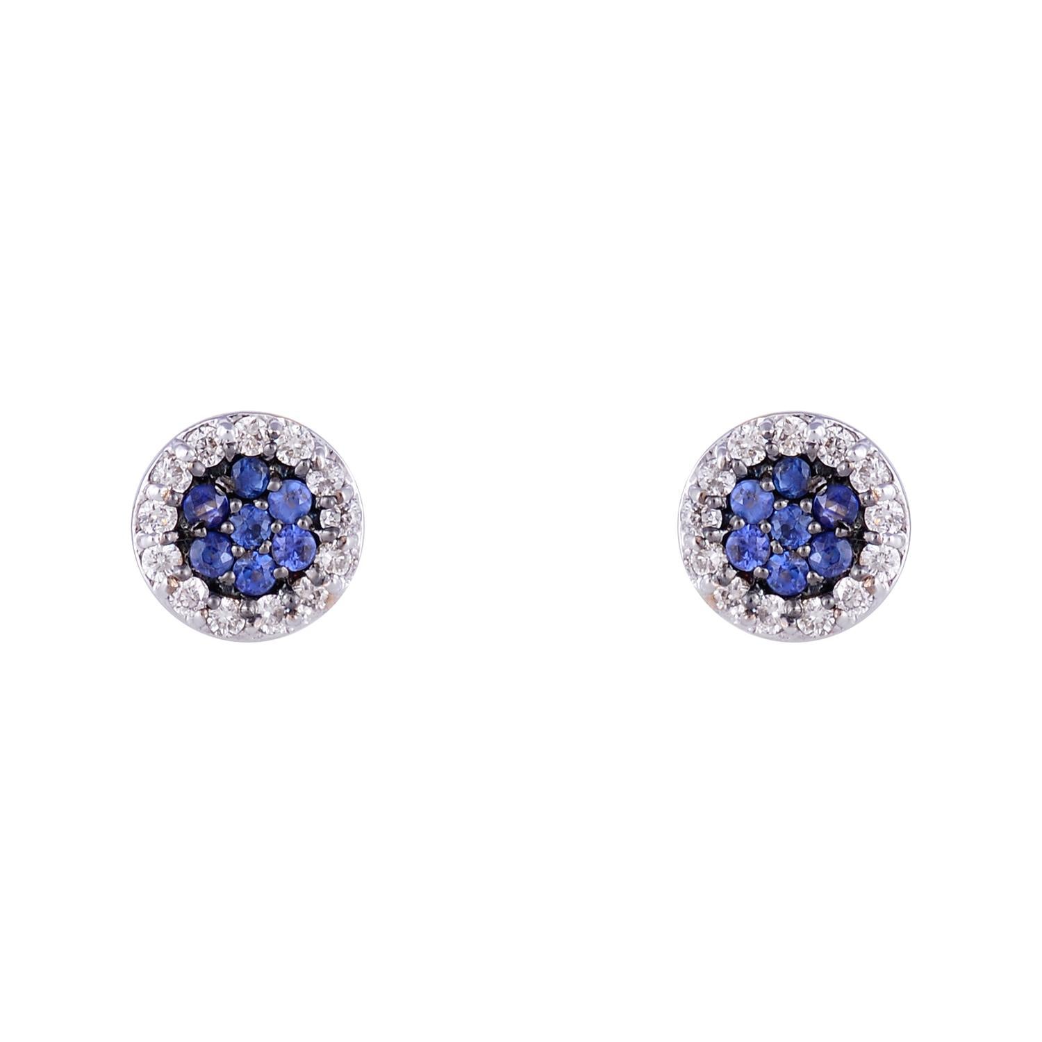 Astonishing sapphire gemstone disc stud earrings in 14k yellow gold and natural diamonds makes your heart smile and grab every attention. 

 Specification:-	
Gross Weight:   1.170 gms
Gold Weight:  	1.088 gms
Diamond Weight: 0.21 ct
Sapphire Weight:
