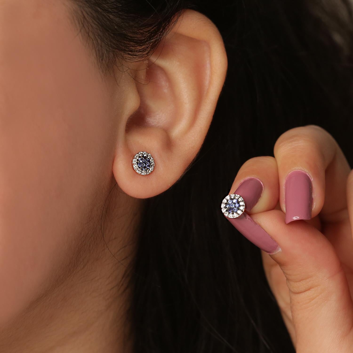 Art Deco Sapphire Stud Earrings with Diamond in 14k Gold For Sale