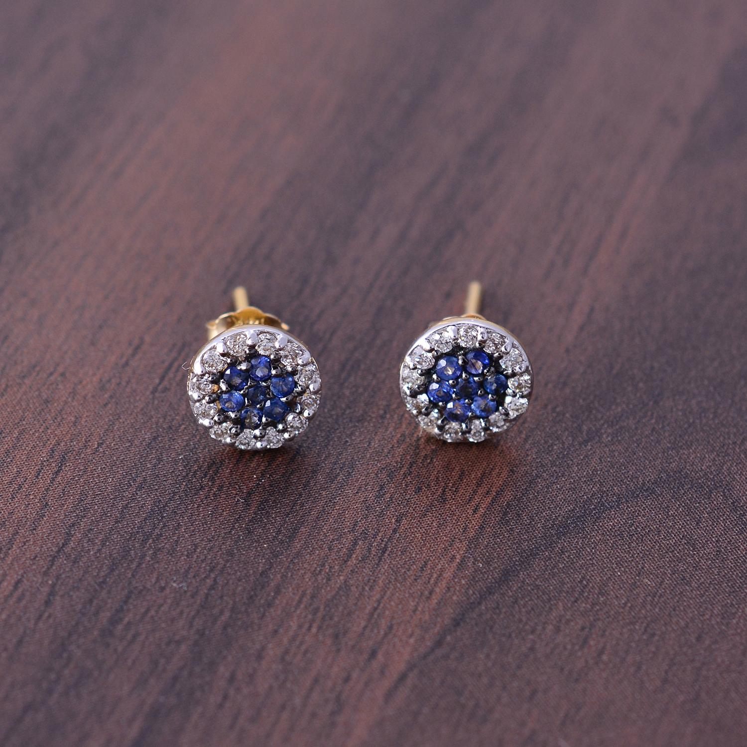 Brilliant Cut Sapphire Stud Earrings with Diamond in 14k Gold For Sale