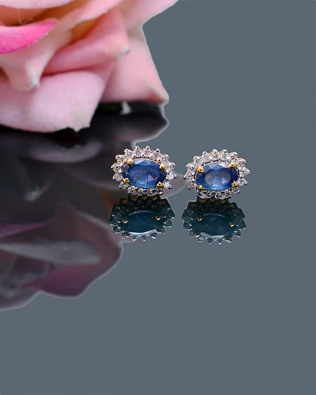 Brilliant Cut Sapphire Stud Earrings with Diamond in 14k Gold For Sale