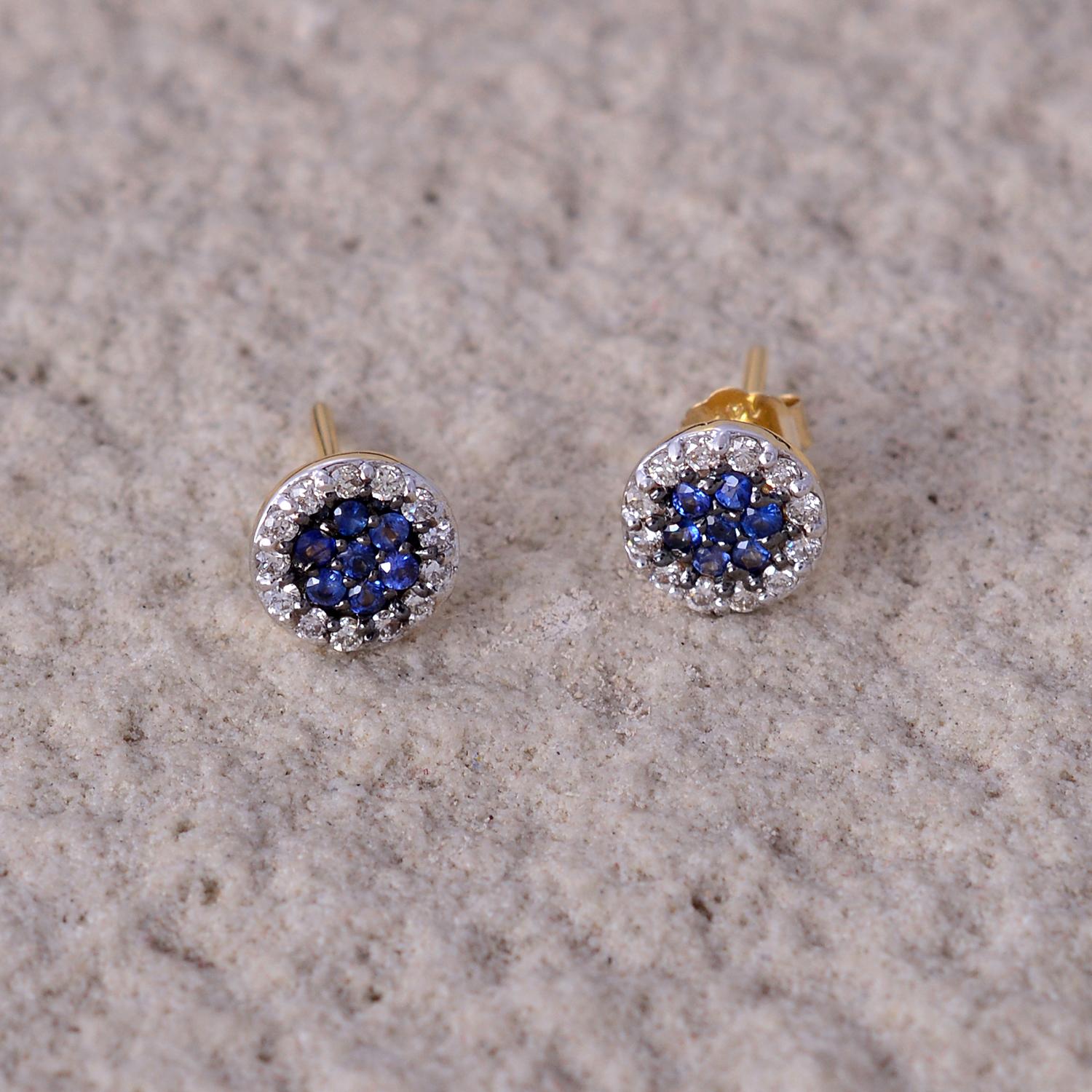 Sapphire Stud Earrings with Diamond in 14k Gold In New Condition For Sale In jaipur, IN