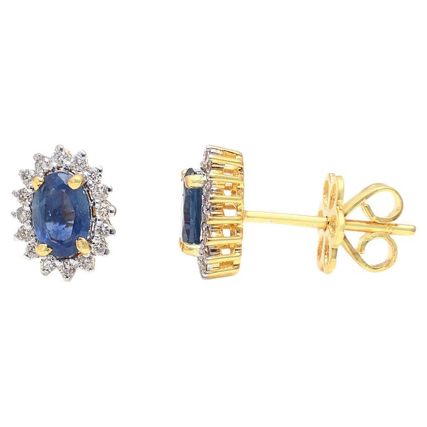 Sapphire Stud Earrings with Diamond in 14k Gold For Sale