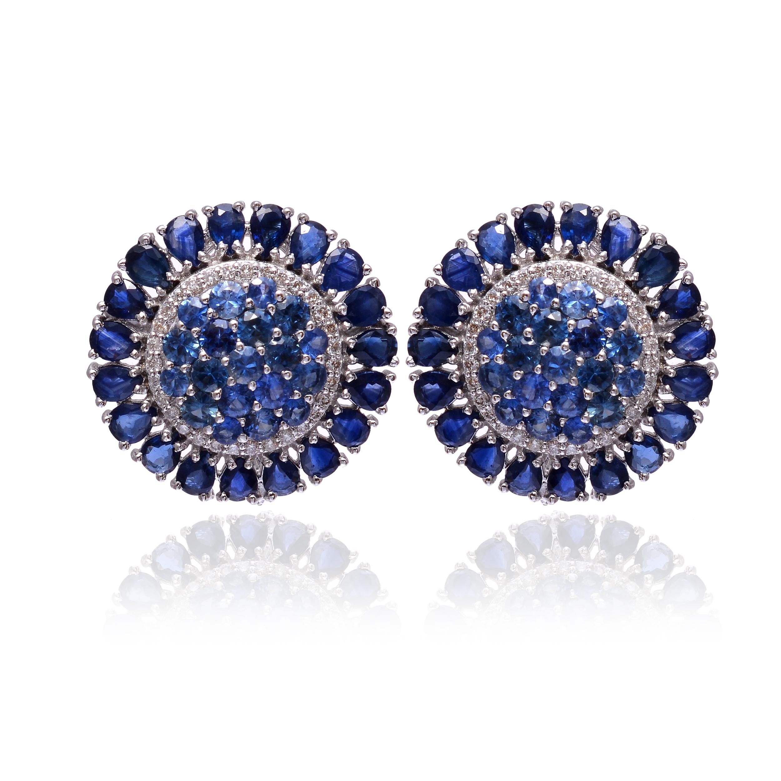 Art Deco Sapphire Stud Earrings with Diamond in 18k Gold For Sale