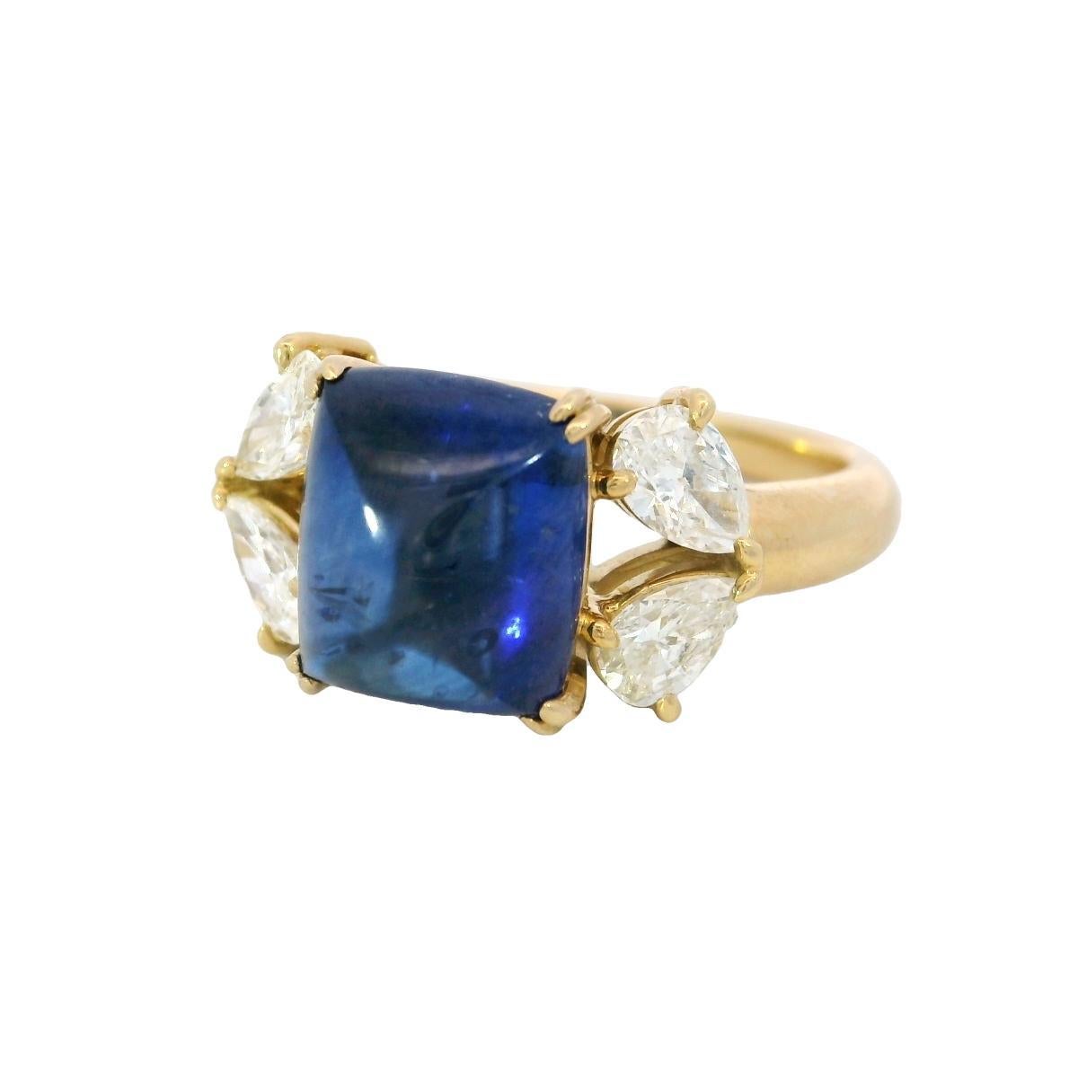 Zafiro Sugarloaf Anillo de compromiso de diamantes Zafiro azul real ~4,81ctw Sz 5,5

Este anillo de finales del siglo XX presenta un llamativo zafiro cabujón de ~4,12 quilates engastado en oro amarillo de 18 quilates. La piedra azul intenso es el