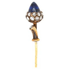 Antique Sapphire Sugarloaf & Rosecut Diamond Nut Tie Pin, Bolin, 19th Century