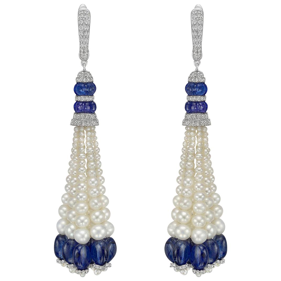 Sapphire, Tanzanite, Diamond and Pearl Tassel Earrings