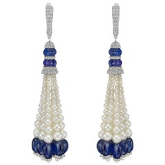 Sapphire, Tanzanite, Diamond and Pearl Tassel Earrings