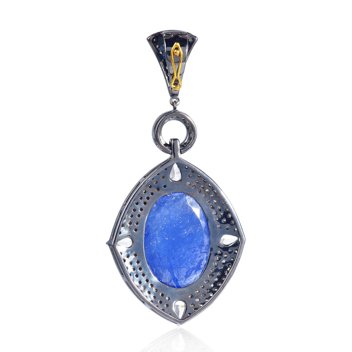 Art Deco Sapphire & Tanzanite Stone Pendant with Pave Diamonds in Gold & Silver For Sale
