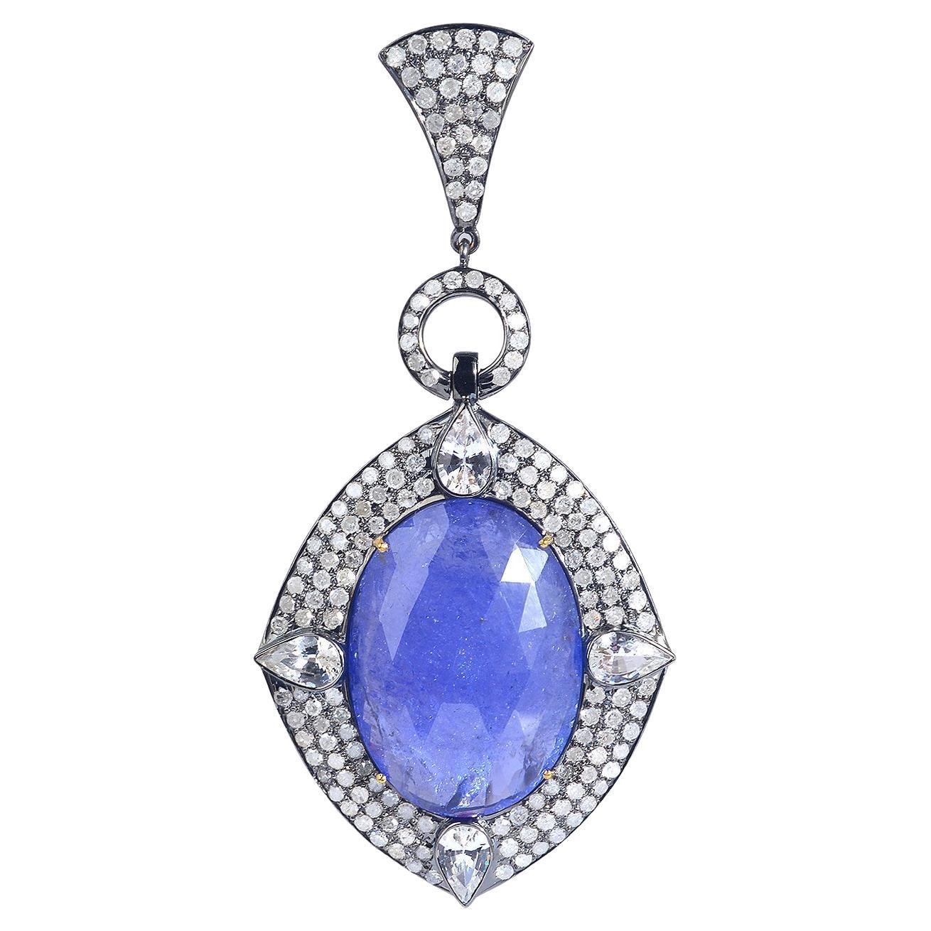 Sapphire & Tanzanite Stone Pendant with Pave Diamonds in Gold & Silver For Sale