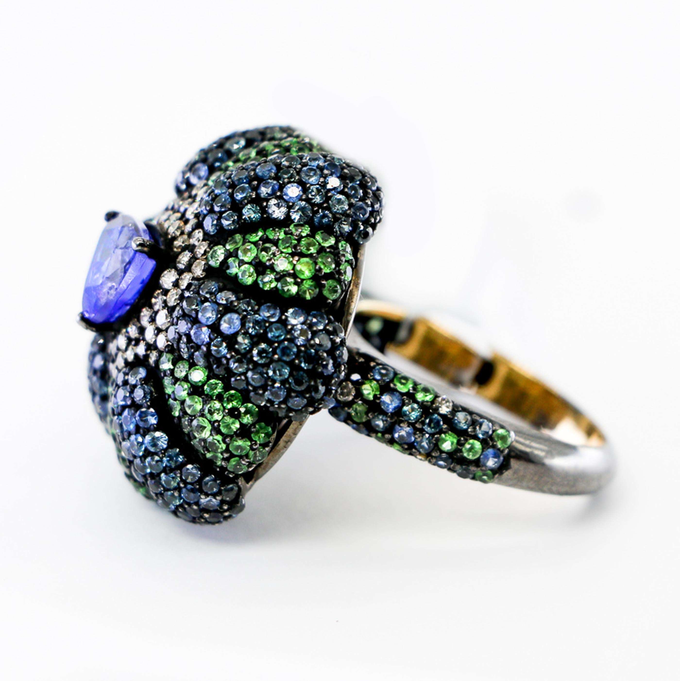Sapphire, Tanzanite, Tsavorite and Diamond Ring In Excellent Condition In Carlsbad, CA