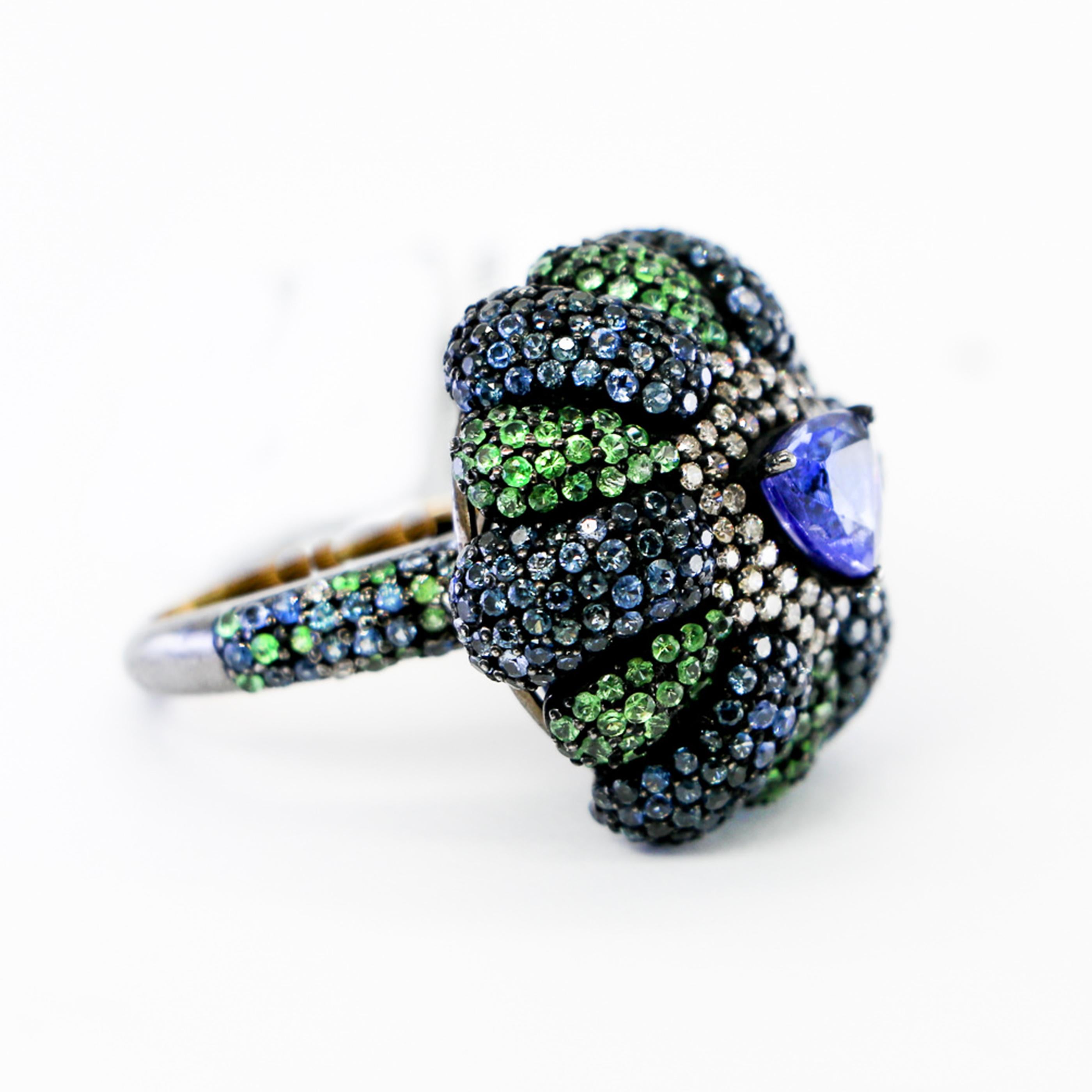 Women's or Men's Sapphire, Tanzanite, Tsavorite and Diamond Ring