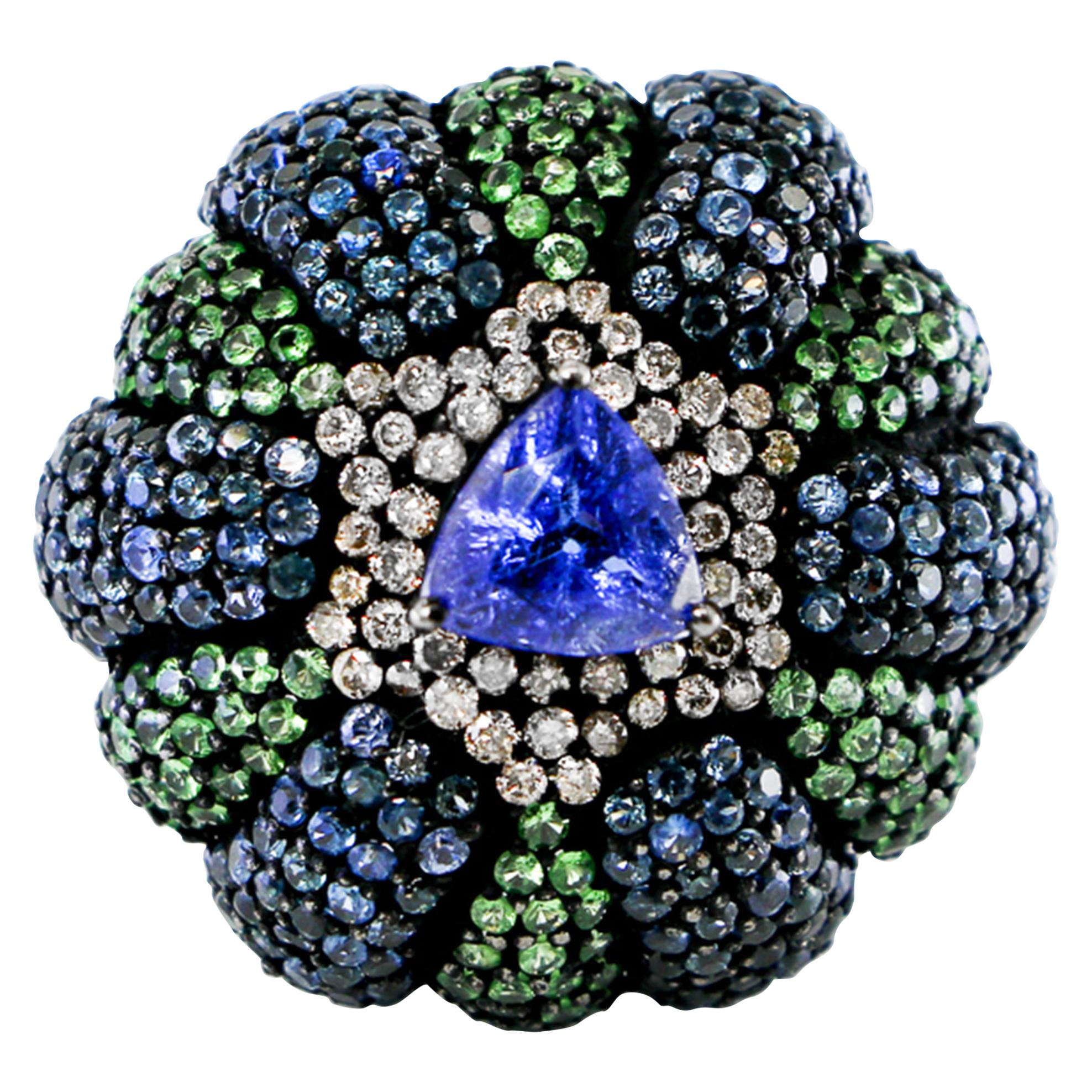 Sapphire, Tanzanite, Tsavorite and Diamond Ring