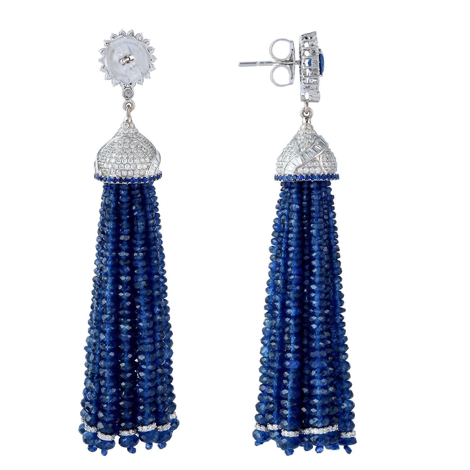 Contemporary Sapphire Tassel Dangle Earrings with Diamonds Made in 18k White Gold For Sale