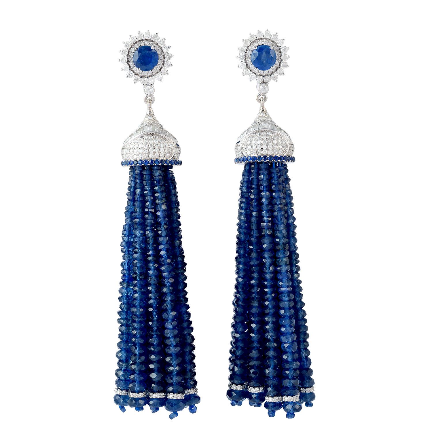 Mixed Cut Sapphire Tassel Dangle Earrings with Diamonds Made in 18k White Gold For Sale