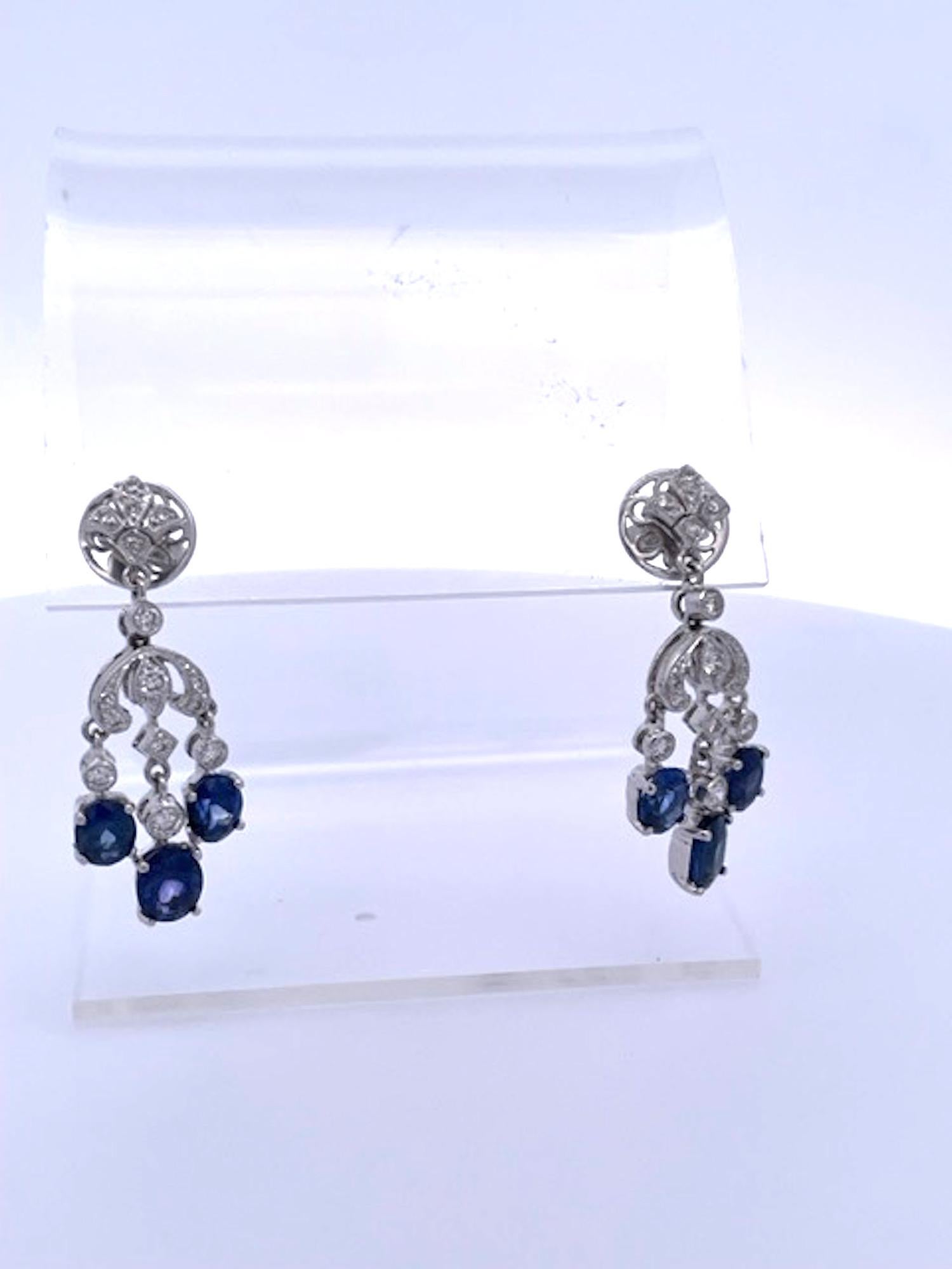 Oval Cut Sapphire Tassel Diamond Drop Earrings 18K For Sale