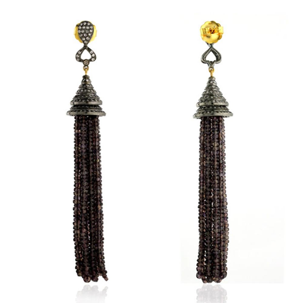 Contemporary Sapphire Tassel Earrings with Pave Diamonds Made in 18k Yellow Gold & Silver For Sale