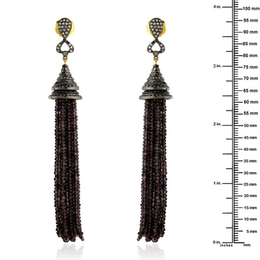 Mixed Cut Sapphire Tassel Earrings with Pave Diamonds Made in 18k Yellow Gold & Silver For Sale
