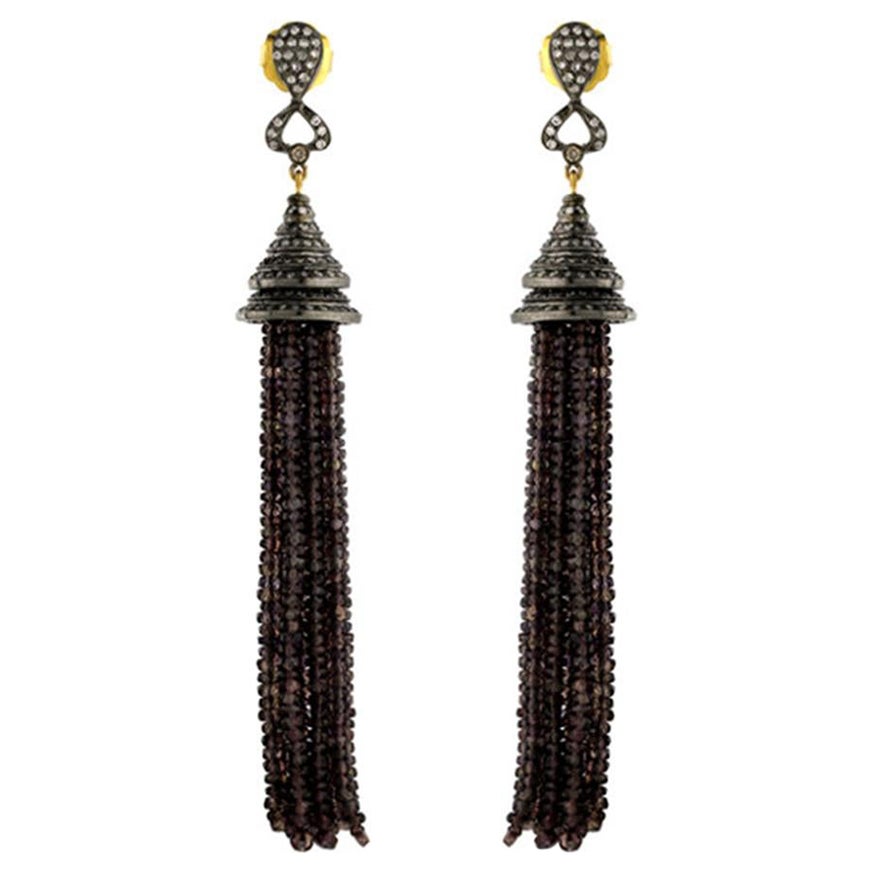 Boucles d'oreilles à pampilles en or jaune 18 carats et argent avec saphirs pavés