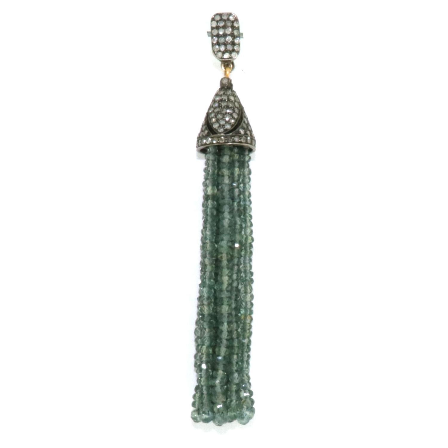 Mixed Cut Green Sapphire Tassel Pendant Made In 18k Gold & Silver For Sale