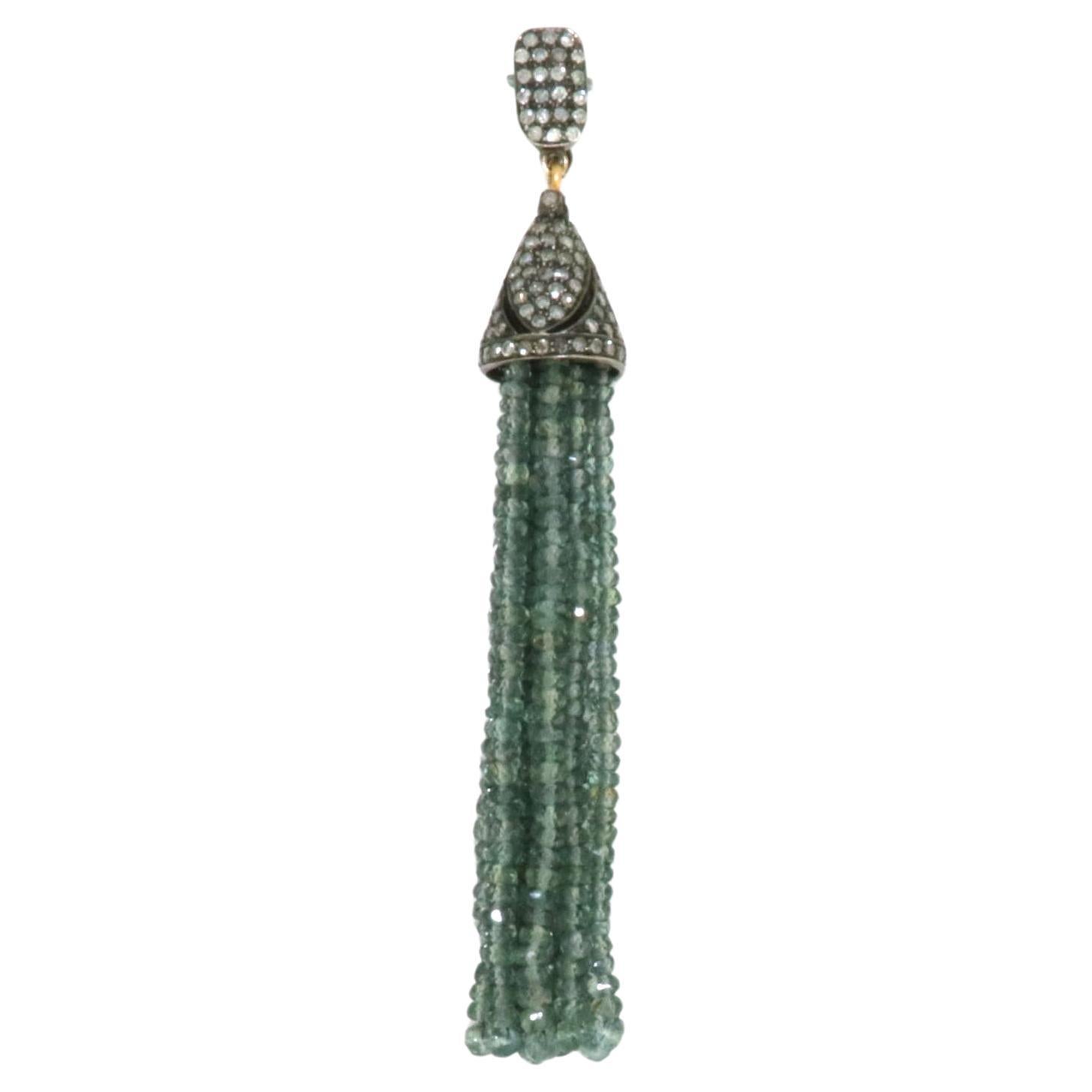 Green Sapphire Tassel Pendant Made In 18k Gold & Silver For Sale