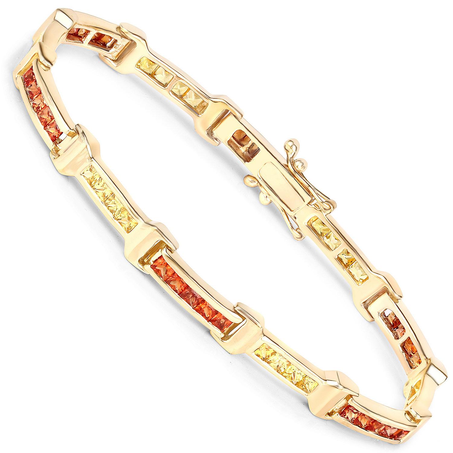 Contemporary Sapphire Tennis Bracelet Orange Yellow 6.48 Carats Total 14K Yellow Gold Plated For Sale