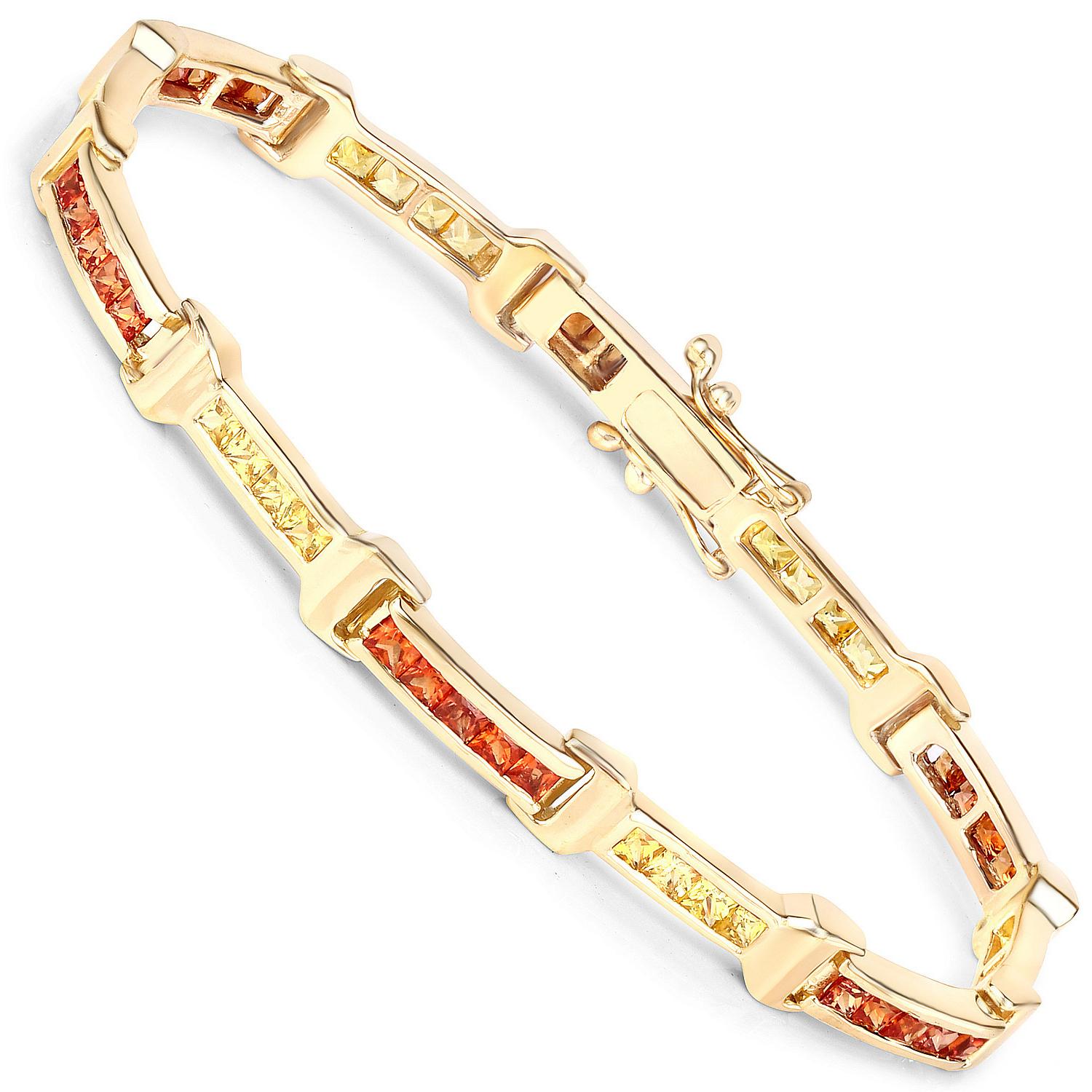 Saphir-Tennisarmband Orange-Gelb 6,48 Karat Gesamt 14K Gelbgold plattiert (Zeitgenössisch) im Angebot