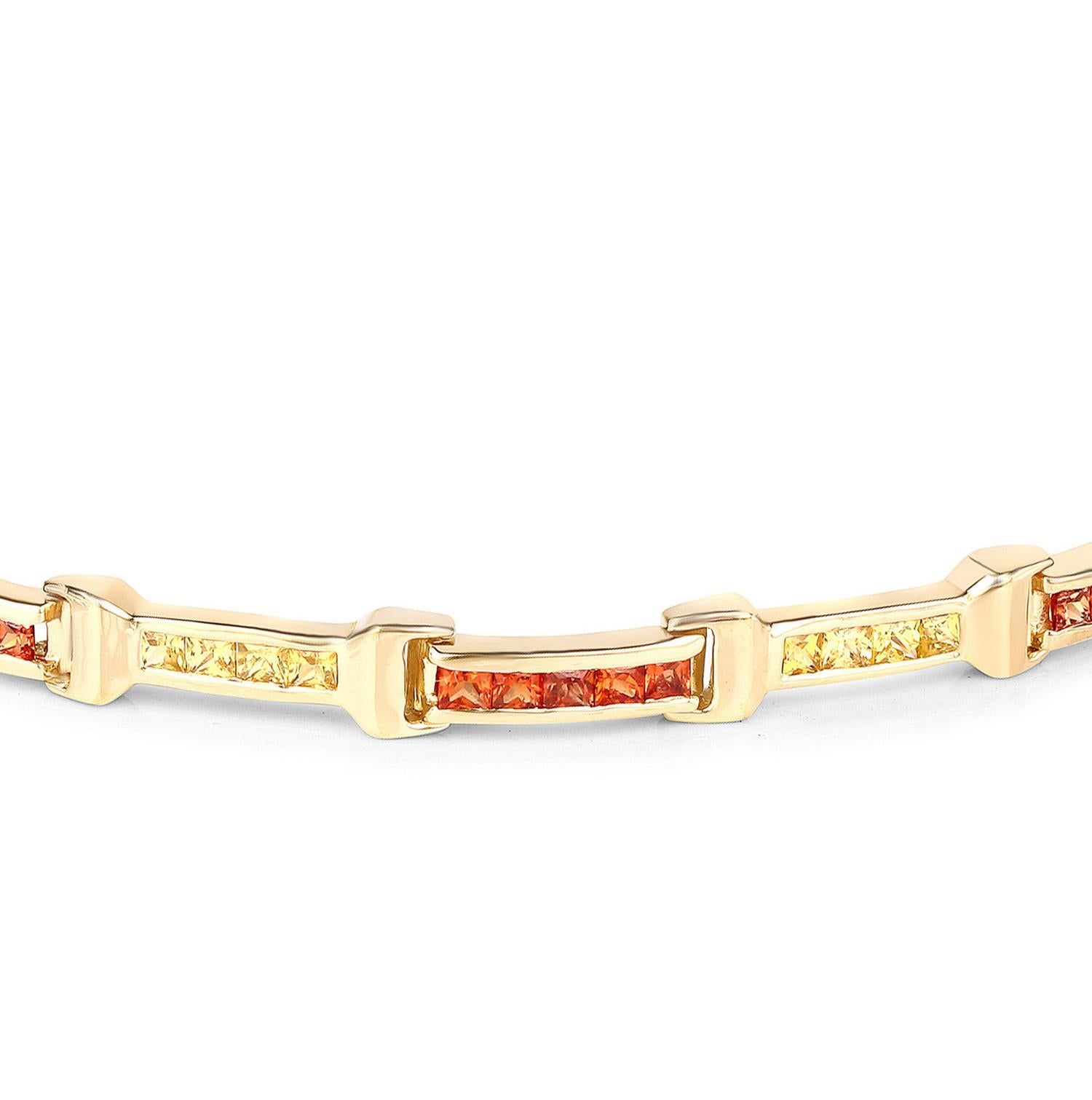 Princess Cut Sapphire Tennis Bracelet Orange Yellow 6.48 Carats Total 14K Yellow Gold Plated For Sale
