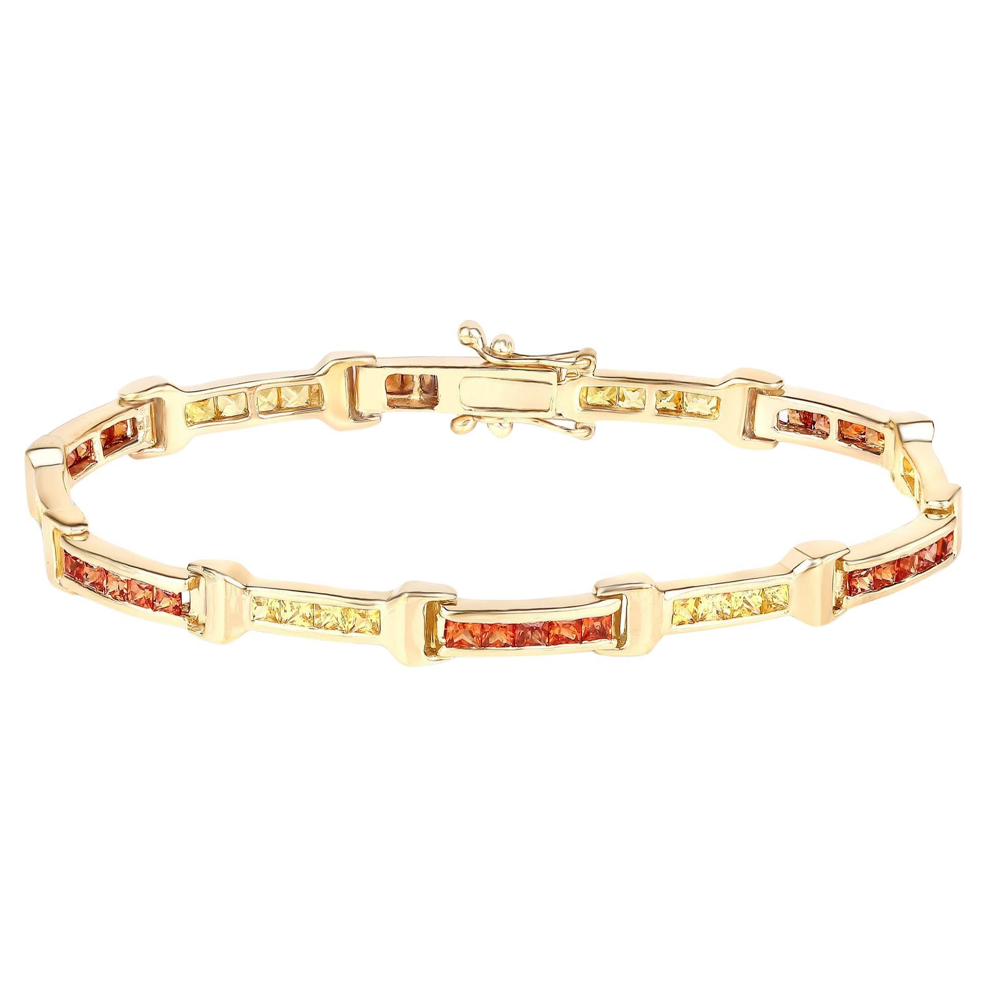 Saphir-Tennisarmband Orange-Gelb 6,48 Karat Gesamt 14K Gelbgold plattiert im Angebot