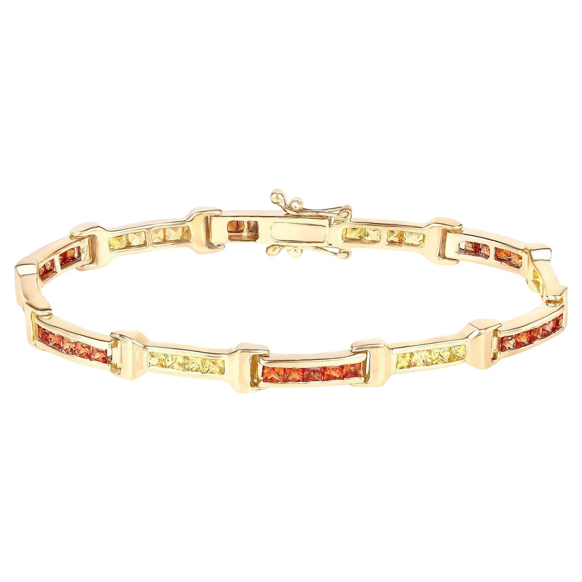 Sapphire Tennis Bracelet Orange Yellow 6.48 Carats Total 14K Yellow Gold Plated For Sale