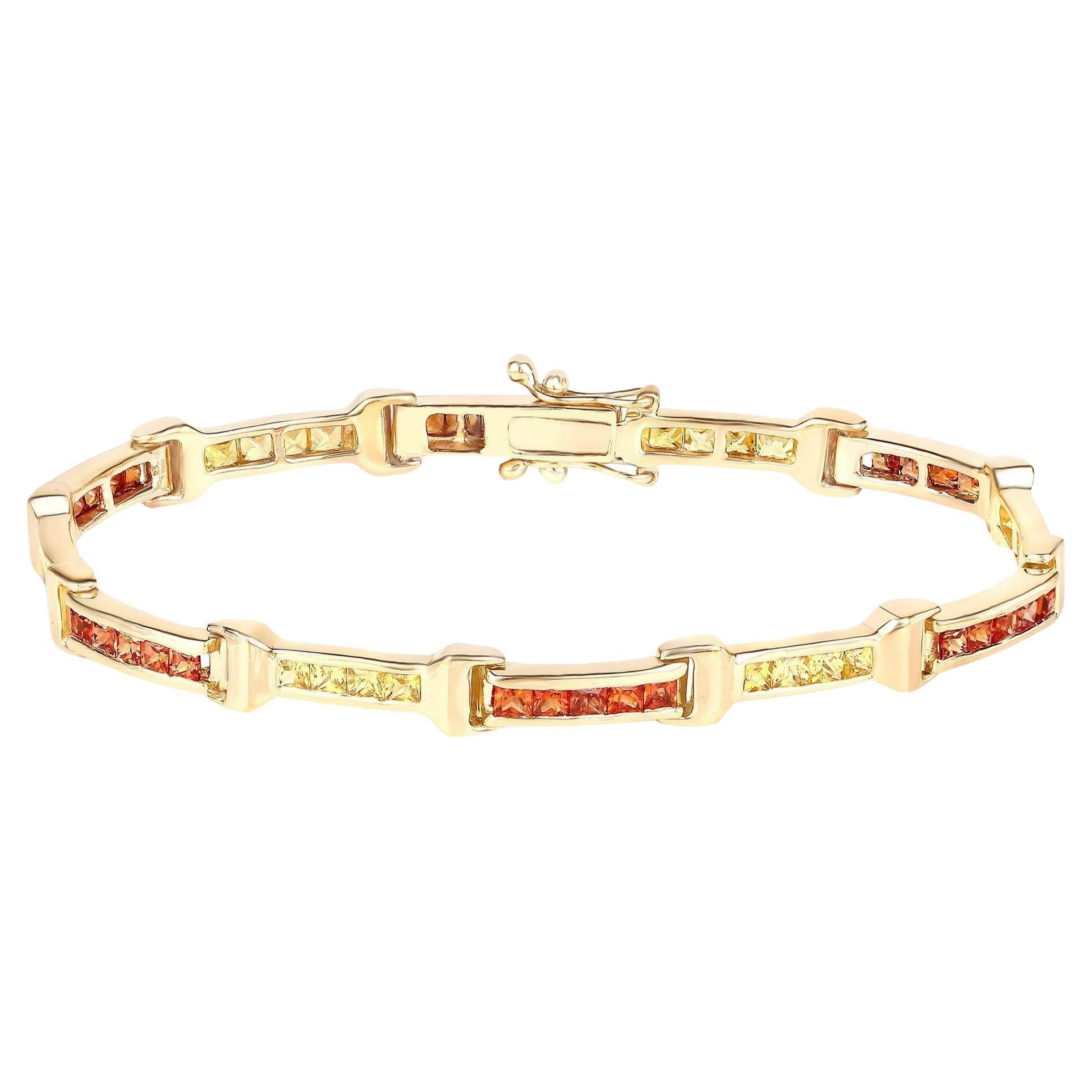 Sapphire Tennis Bracelet Orange Yellow 6.48 Carats Total 14K Yellow Gold Plated For Sale