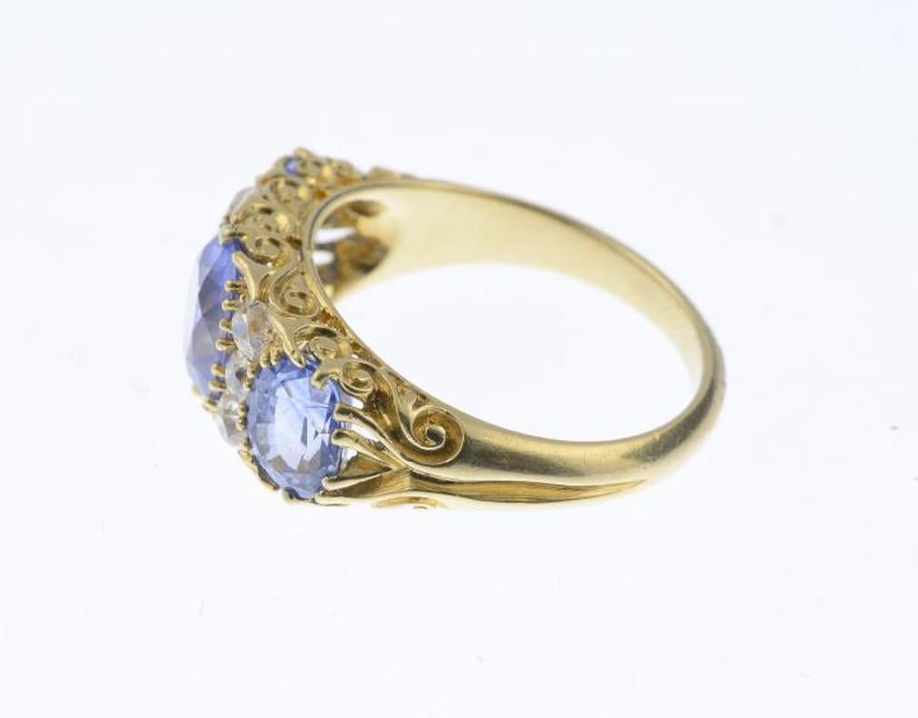Victorian Sapphire Three-Stone and Diamond Ring