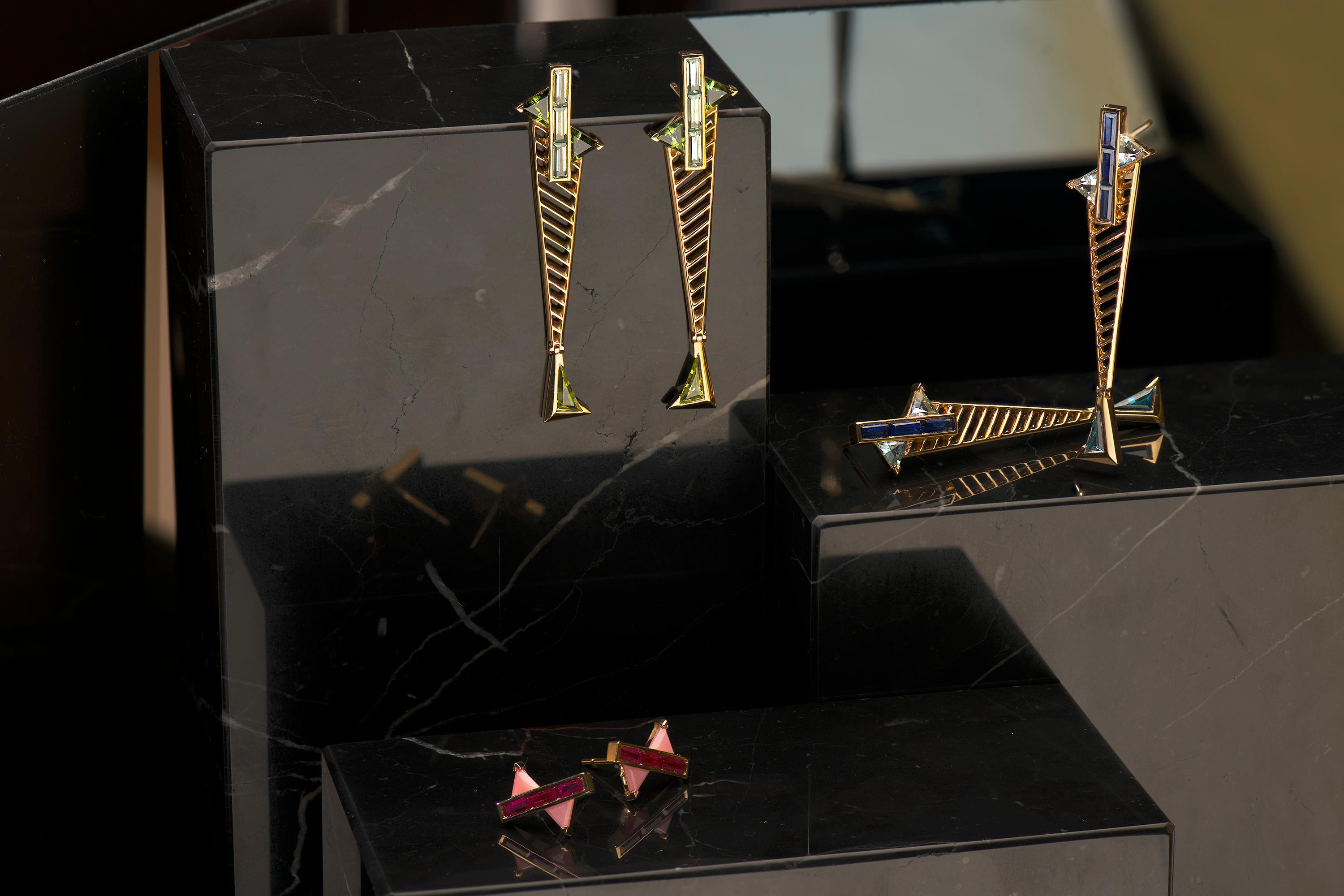 Contemporary JV Insardi Sapphire, Tourmaline, and Peridot 18kt Gold Earrings