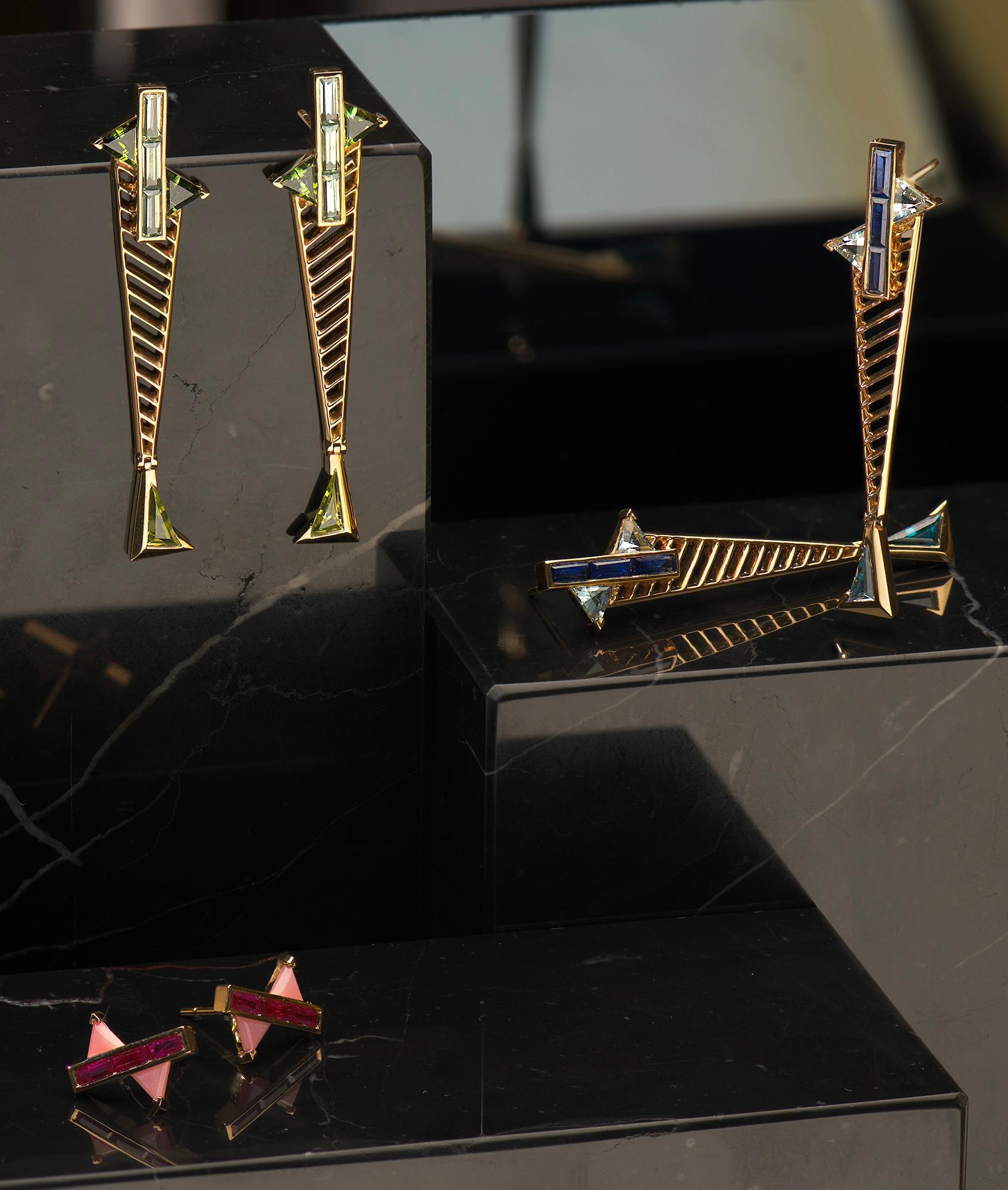 Mixed Cut JV Insardi Sapphire, Tourmaline, and Peridot 18kt Gold Earrings