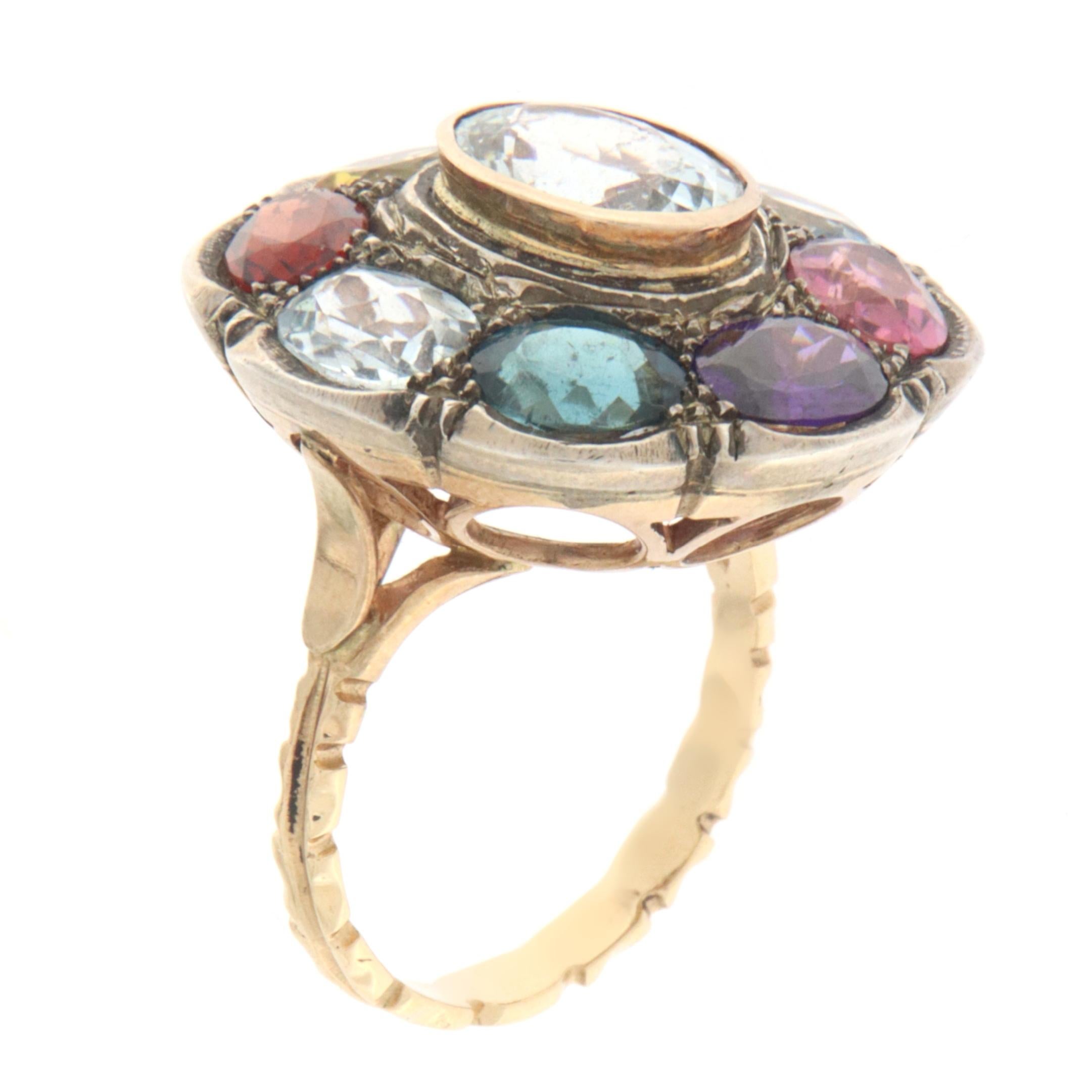 Mixed Cut Sapphire Tourmaline Aquamarine 14 Karat Yellow Gold Cocktail Ring For Sale