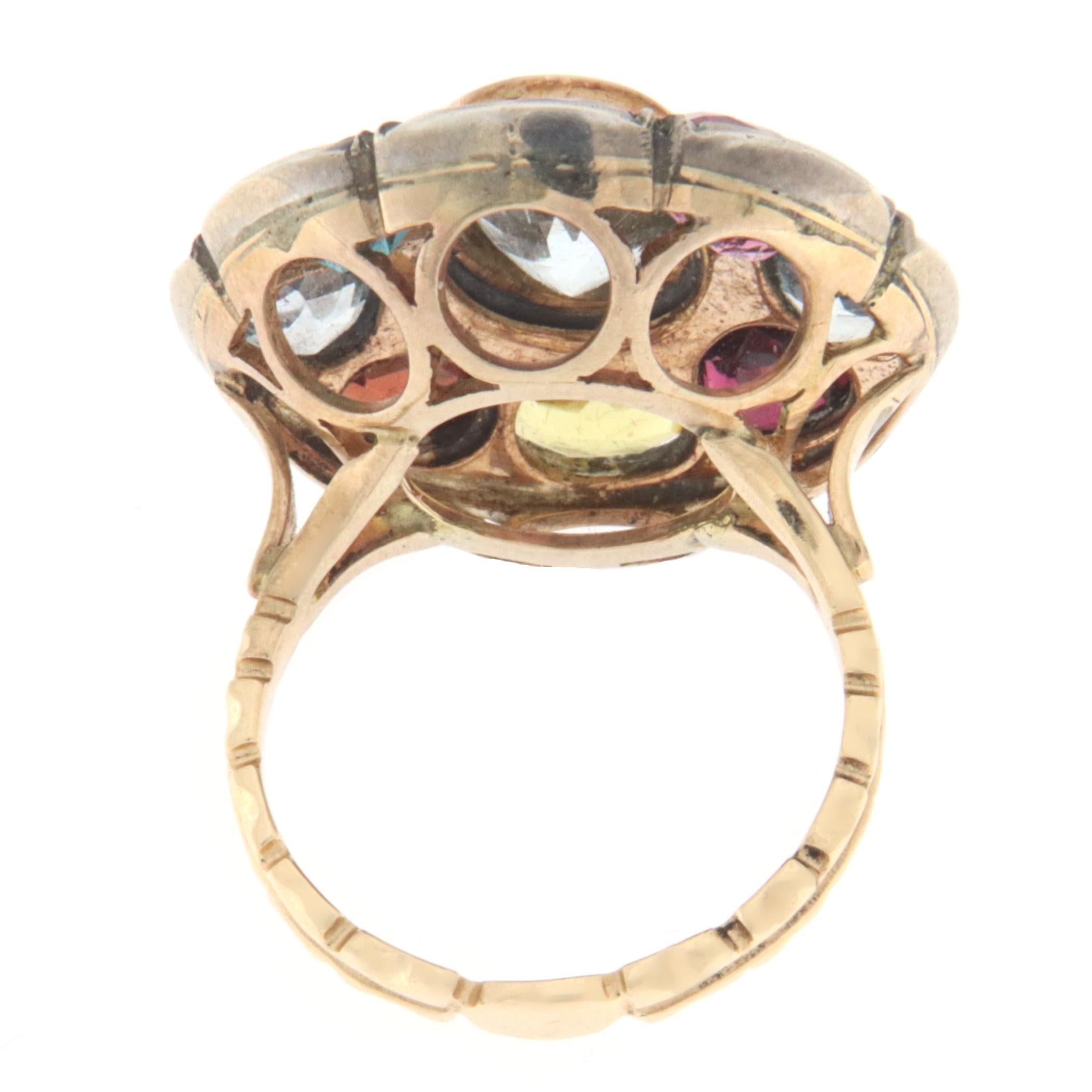 Sapphire Tourmaline Aquamarine 14 Karat Yellow Gold Cocktail Ring In New Condition For Sale In Marcianise, IT