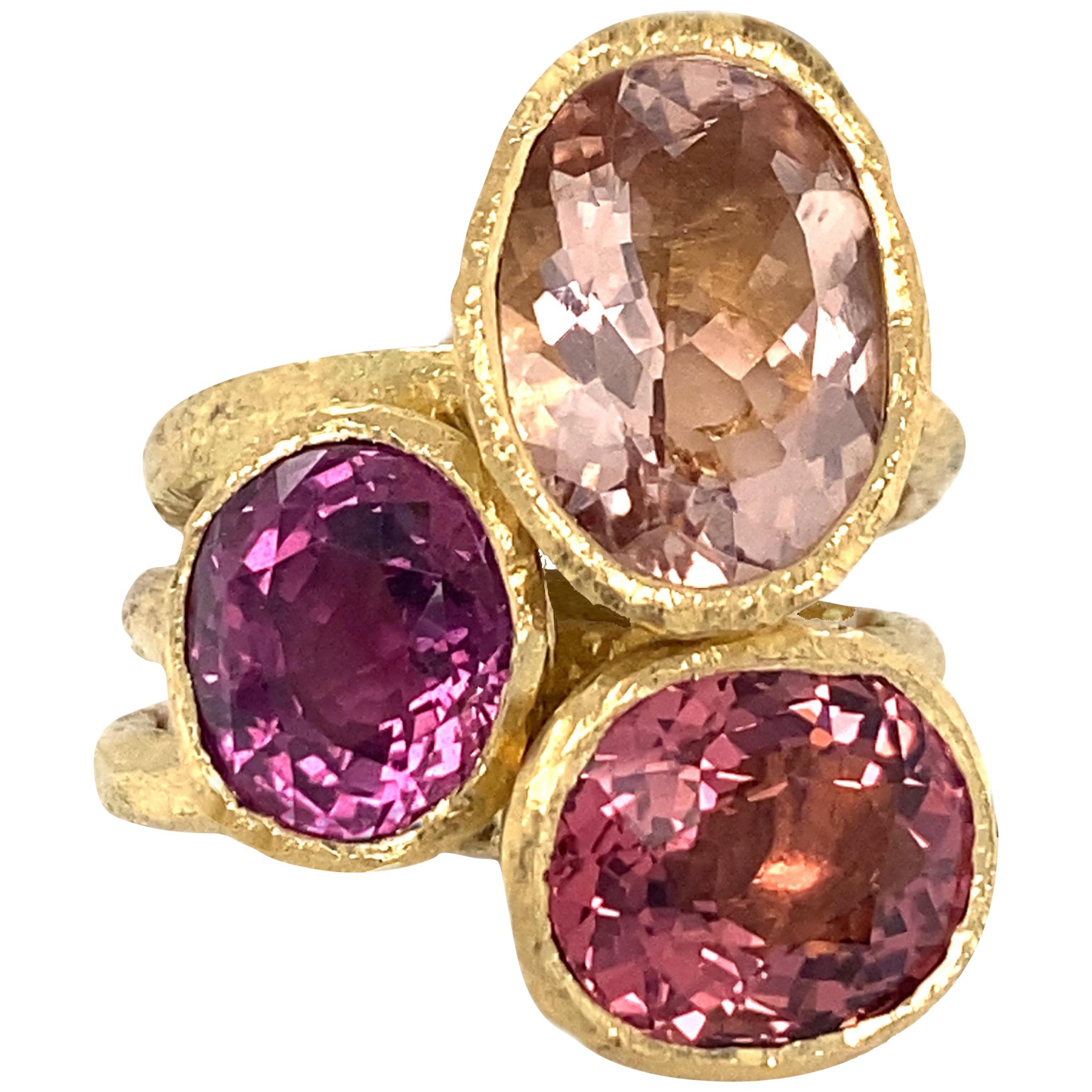 Sapphire, Tourmaline & Morganite "Think Pink!" Stack Set in 18 Karat Yellow Gold For Sale