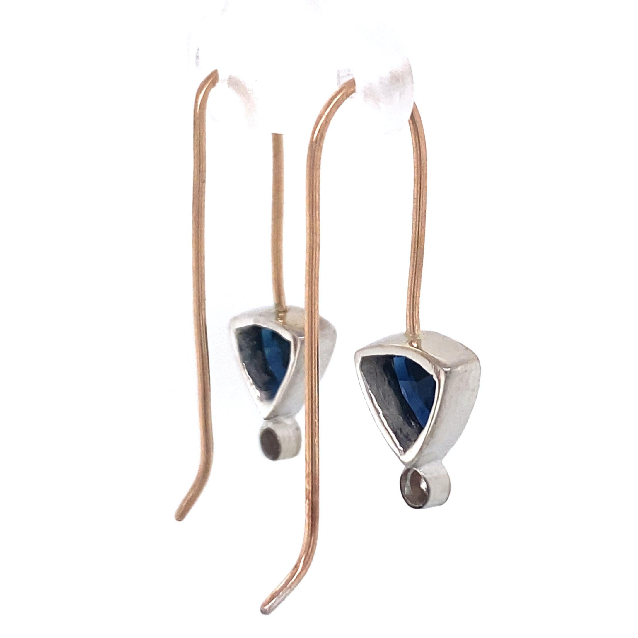 Contemporary Sapphire Trillion Earrings in White and Rose Gold with Diamond Accents