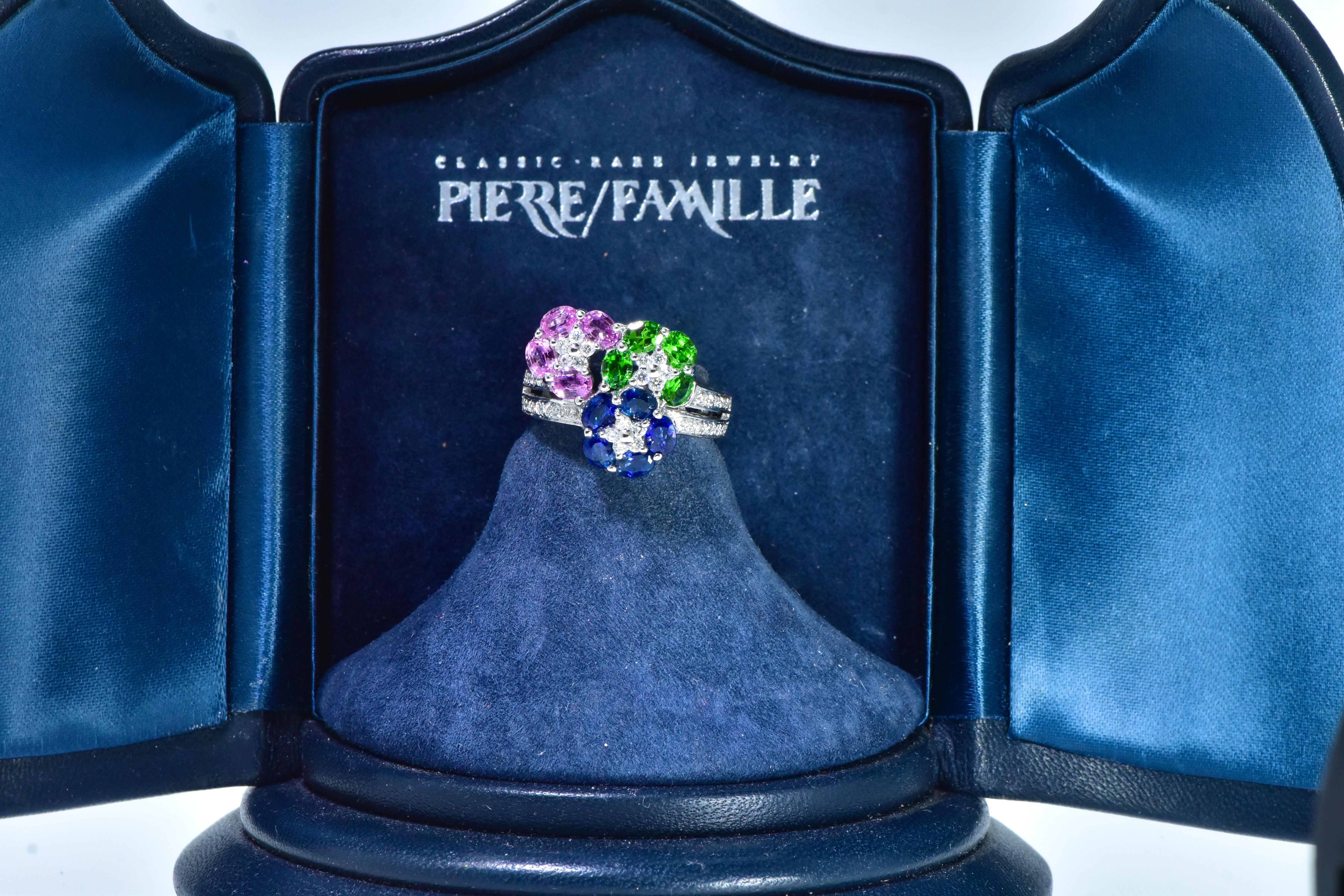 Sapphire, Tsavorite and Diamond Fine White Gold Contemporary Ring by LeVian In Excellent Condition For Sale In Aspen, CO