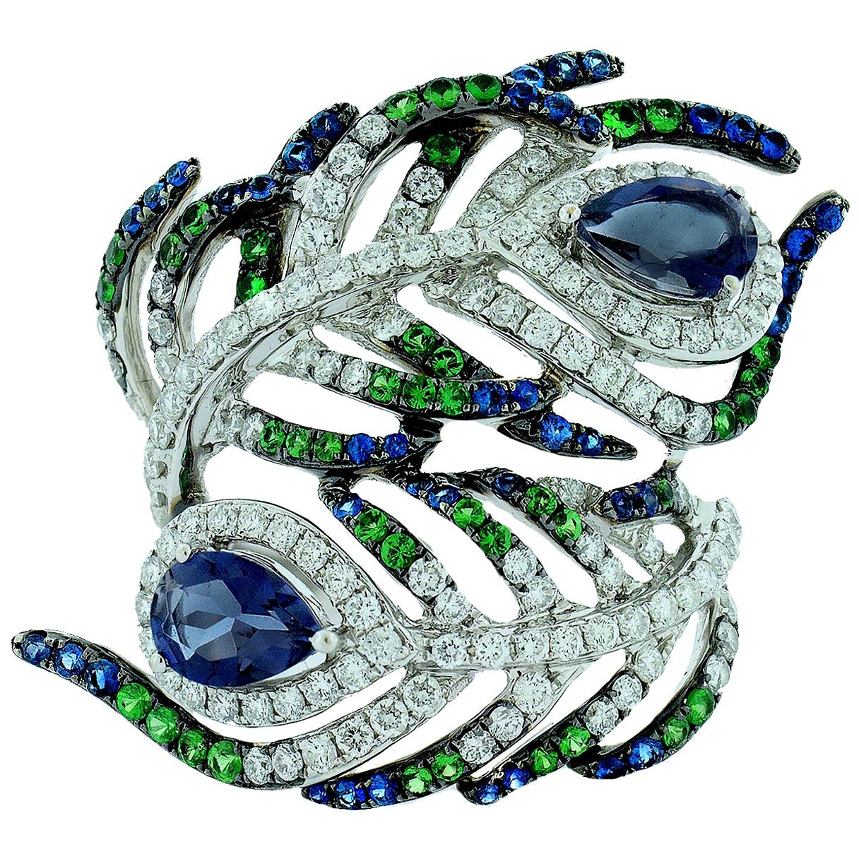 Sapphire Tsavorite and Diamond Peacock Ring For Sale