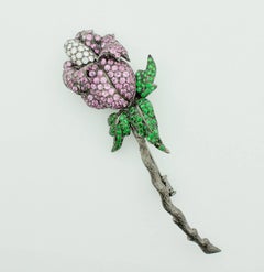 Sapphire Tsavorite Garnet and Diamond Flower Brooch in 18 Karat Oxidized Gold