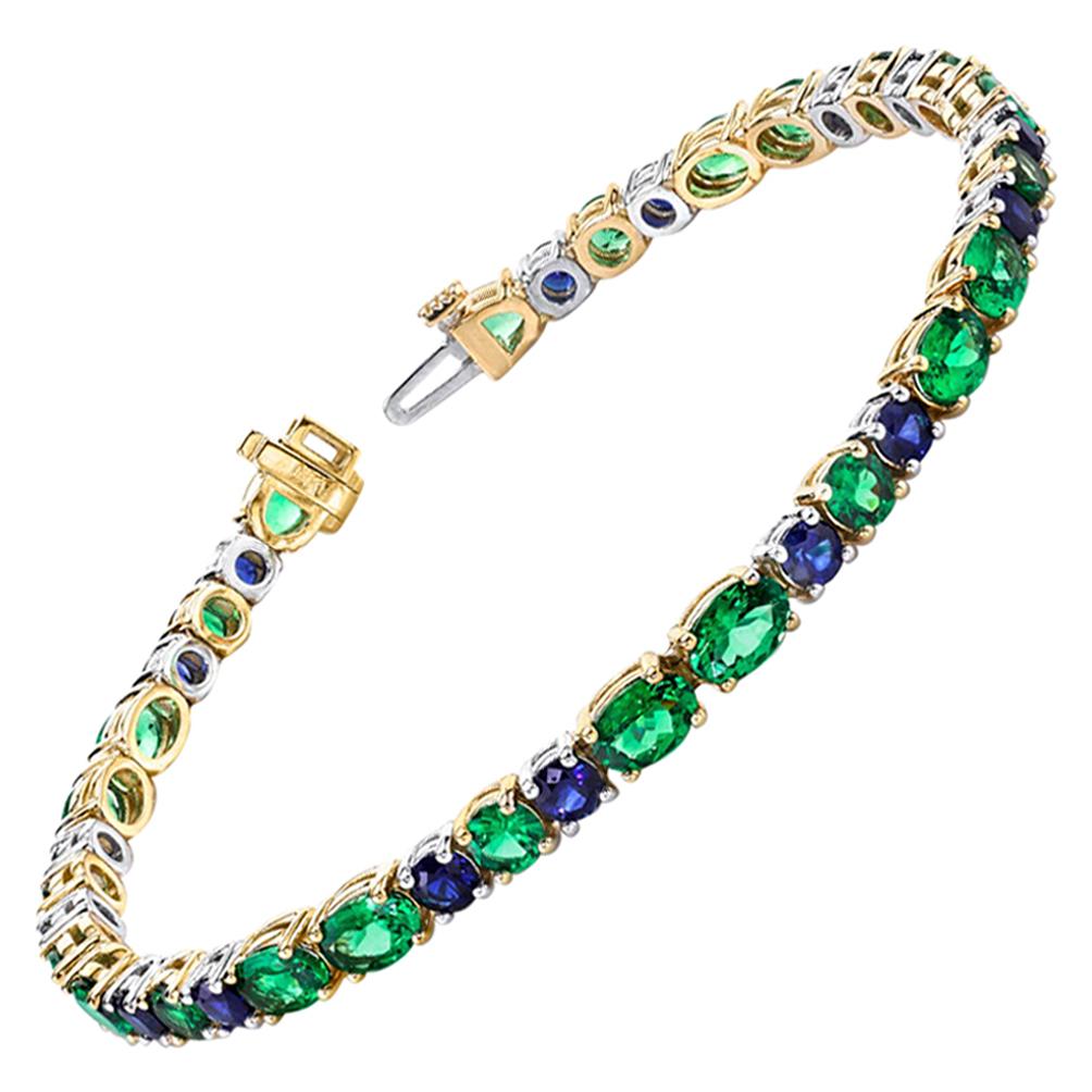 Sapphire and Tsavorite Garnet Tennis Bracelet in White and Yellow Gold For Sale