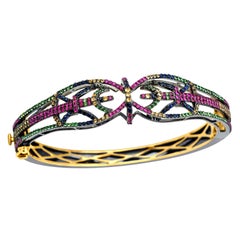 Sapphire , Tsavorite & Ruby Multi Color Bangle Made In Silver