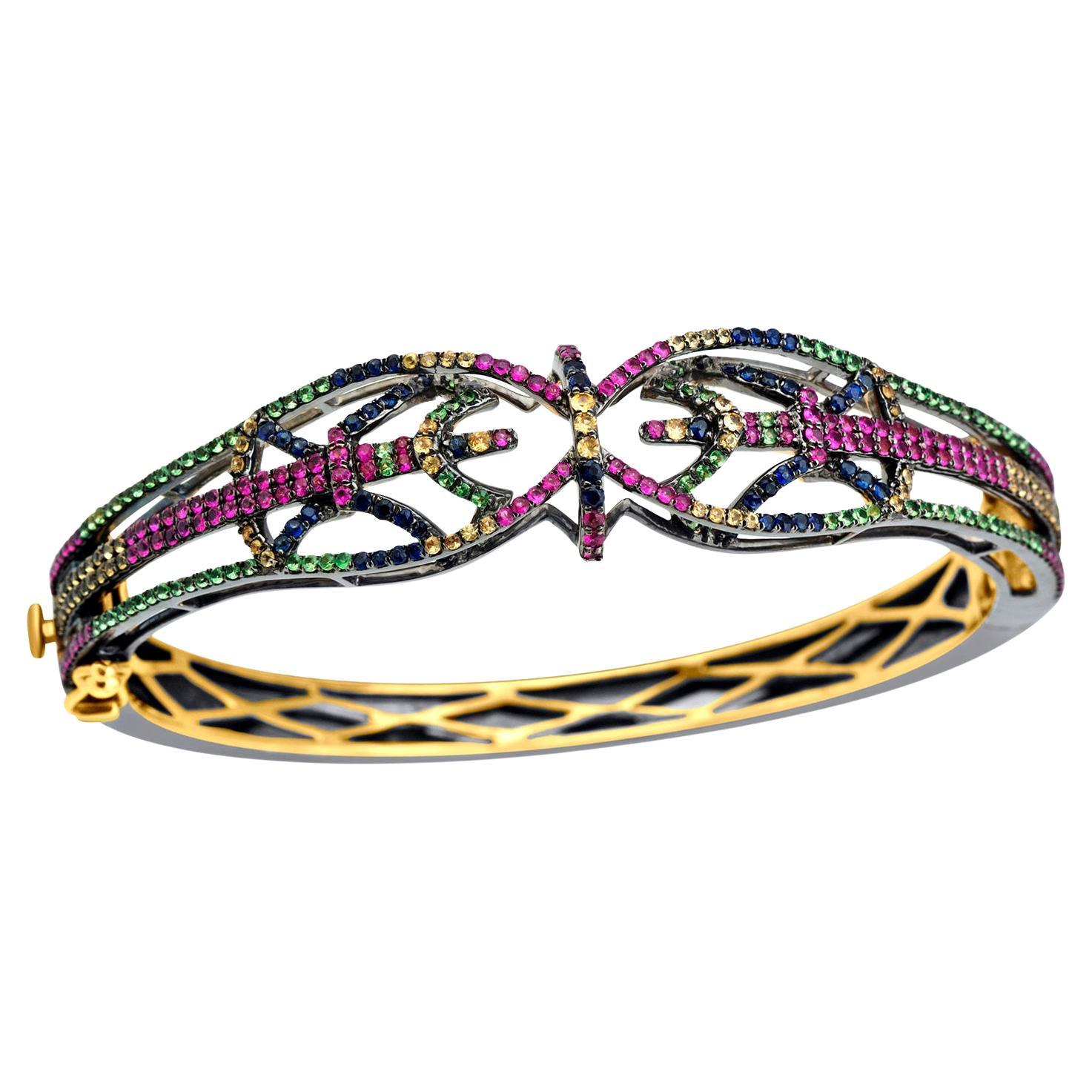 Bracelet en argent en saphir, tsavorite et rubis multicolore