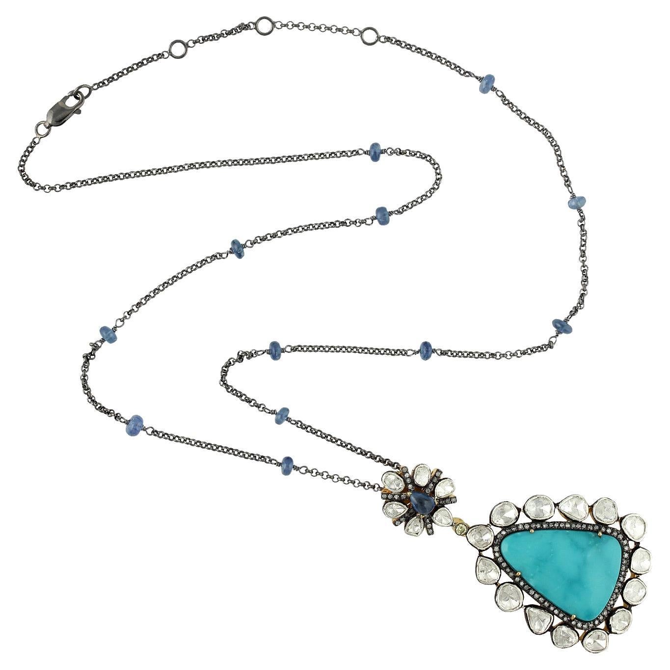 Sapphire and Turquoise Necklace with Polki Diamonds Made in 18k Gold