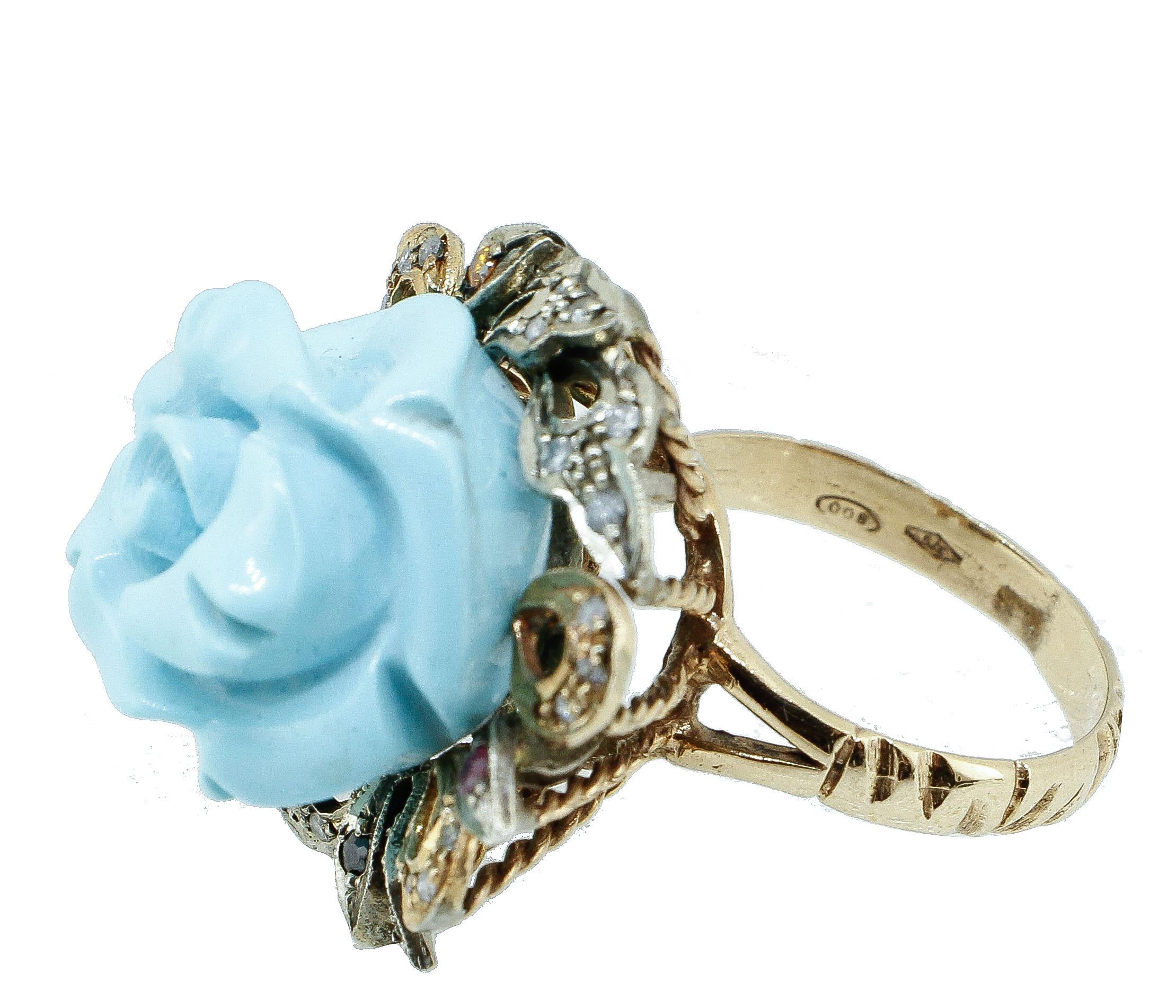 shipping policy: 
No additional costs will be added to this order.
Shipping costs will be totally covered by the seller (customs duties included). 


Rose shaped turquoise paste ring in 9kt yellow gold and silver embellished with diamonds and