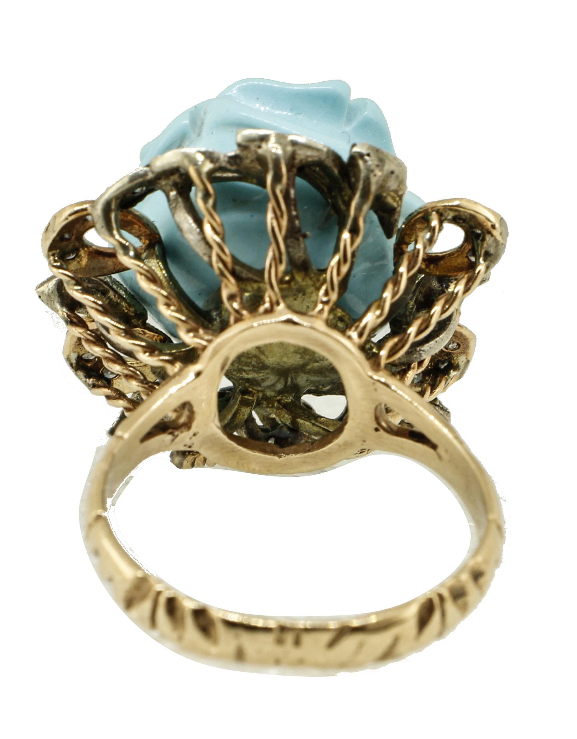 Retro  Sapphire Turquoise Paste Diamond Silver Rose Gold Ring