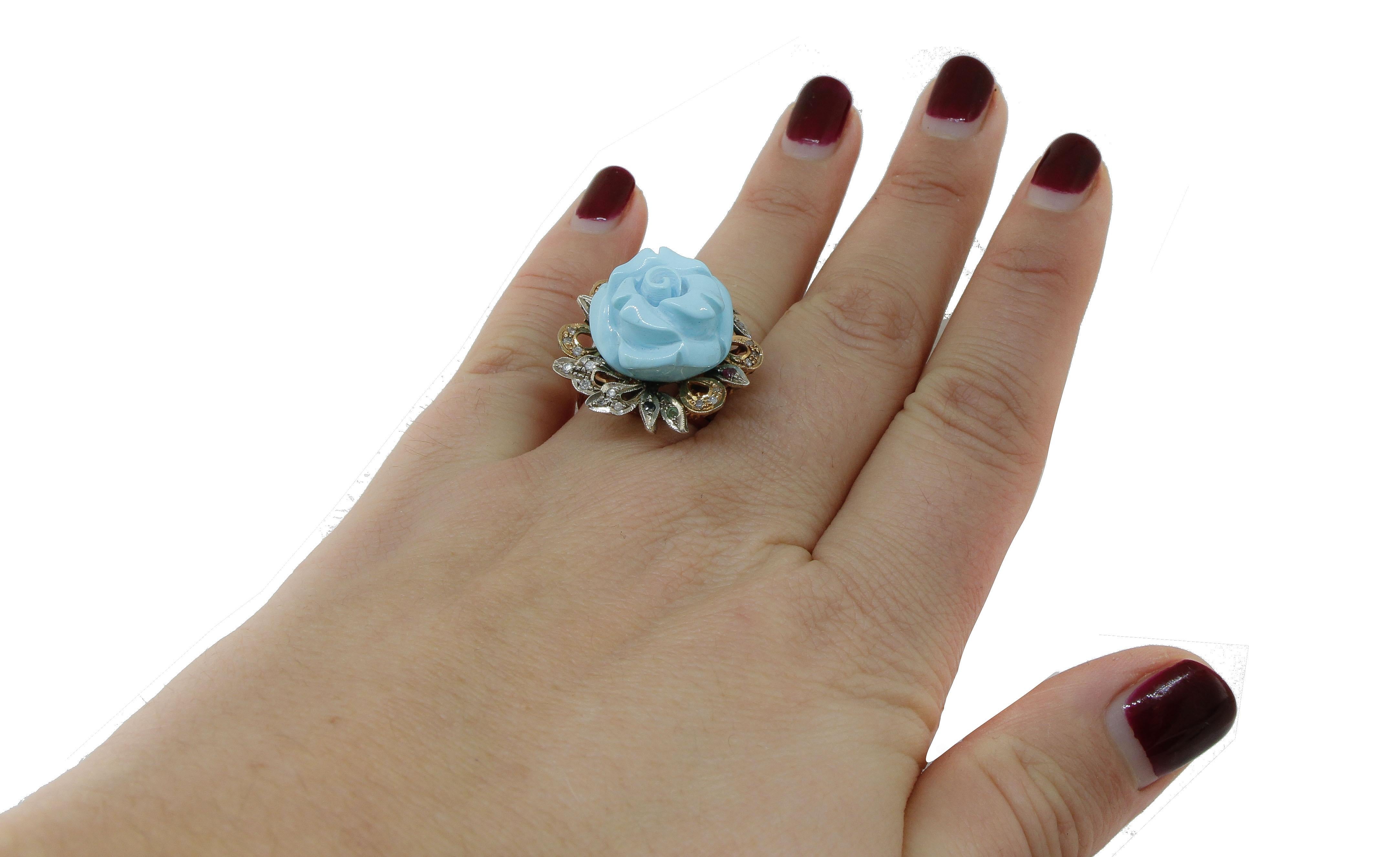 Mixed Cut  Sapphire Turquoise Paste Diamond Silver Rose Gold Ring