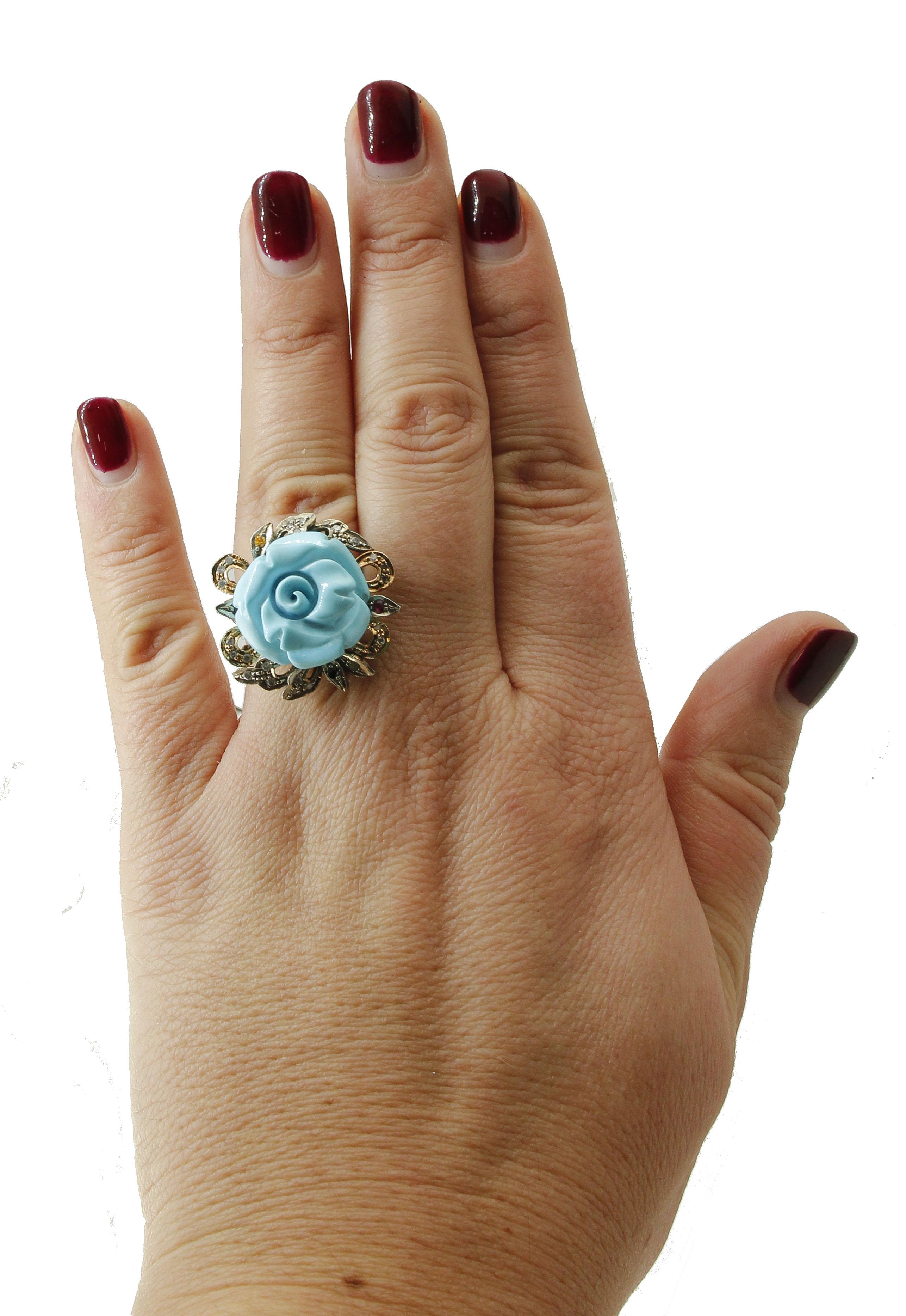  Sapphire Turquoise Paste Diamond Silver Rose Gold Ring In Good Condition In Marcianise, Marcianise (CE)