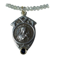 Used Sapphire Virgin Mary Medal Coin Pendant Labradorite Chain Necklace J Dauphin