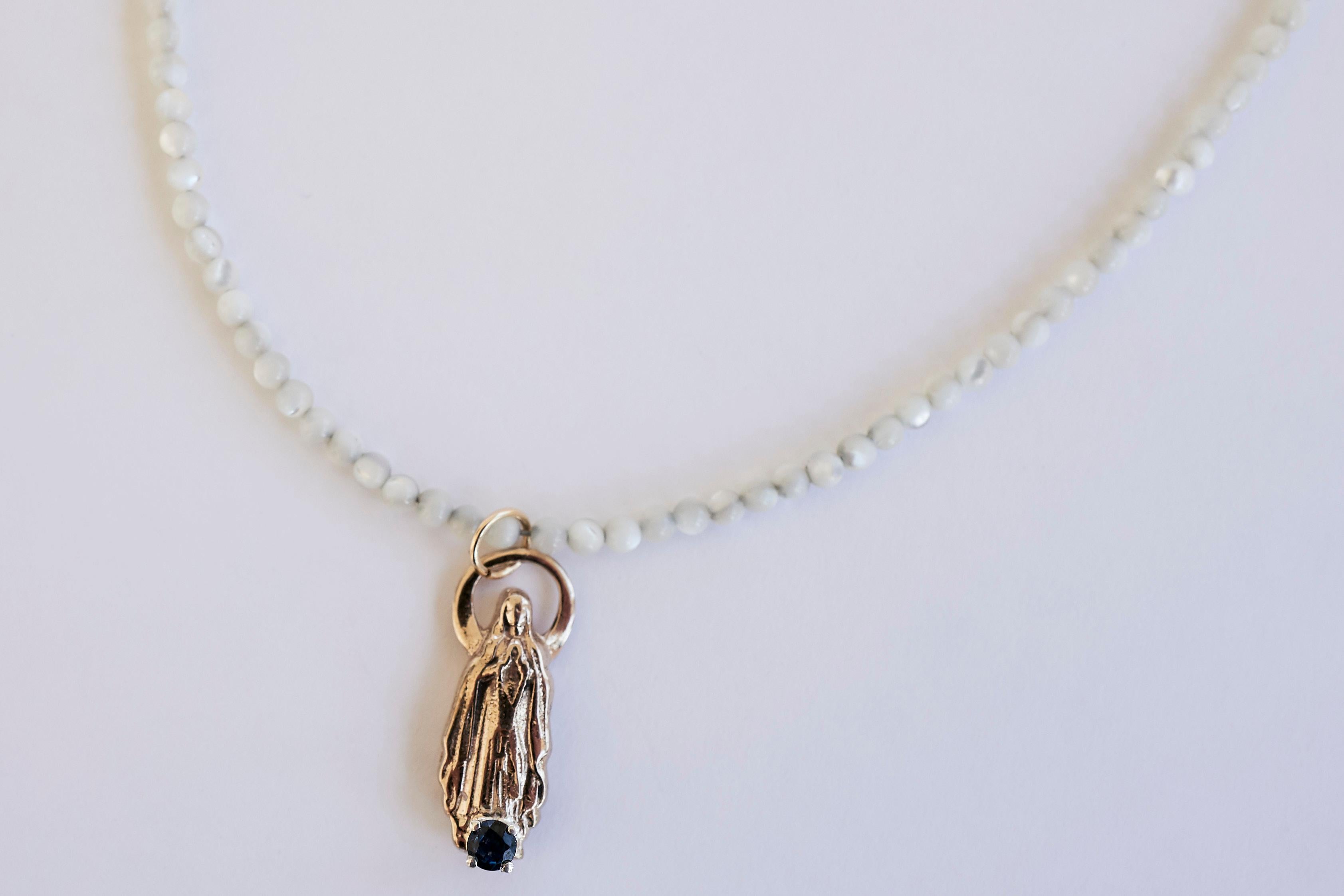 Contemporary Sapphire Virgin Mary White Bead Necklace J Dauphin For Sale